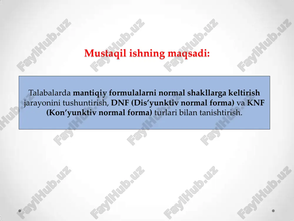 minimizatsiya kerak. canonical variantlar: to‘liq dnf (pdnf) yoki to‘liq knf (pcnf) bor — ular haqiqiy/yolg‘on jadvaldagi har bir satrni aniq ko‘rsatadi, lekin eng katta hajmga ega bo‘ladi. dis’yunktiv normal forma (dnf) kon’yunktiv normal forma (knf) belgilanish tuzilishi maqsad dnf (∧) ichida (∨) rost holatlarni ifodalaydi knf (∨) ichida (∧) yolg‘on holatlarni ifodalaydi dnf va knf farqi dnf va knf o‘zaro bog‘lanishi har qanday formula dnf yoki knf shakliga o‘tkazilishi mumkin. bu o‘tkazish de morgan qonunlari va tautologiyalar yordamida amalga oshiriladi. de morgan qonunlari amaliy misol afzalliklari formulalarni tahlil qilish va tekshirish osonlashadi. mantiqiy sxemalarni qurishda qulay. kompyuterda avtomatik isbotlash tizimlari uchun asos bo‘ladi. hisoblanuvchanlik nazariyasida formulalar ustida algoritmlarni ishlab chiqishga yordam beradi. 🔹 tizimlilik: har qanday formula yagona standart (dnf yoki knf) ko‘rinishga keltiriladi, bu mantiqiy tahlilni soddalashtiradi. 🔹 aniqlik: formula qaysi holatlarda rost yoki yolg‘on bo‘lishi aniq ko‘rinadi. 🔹 hisoblash qulayligi: kompyuter va algoritmik tizimlar normal shakllarni oson qayta …