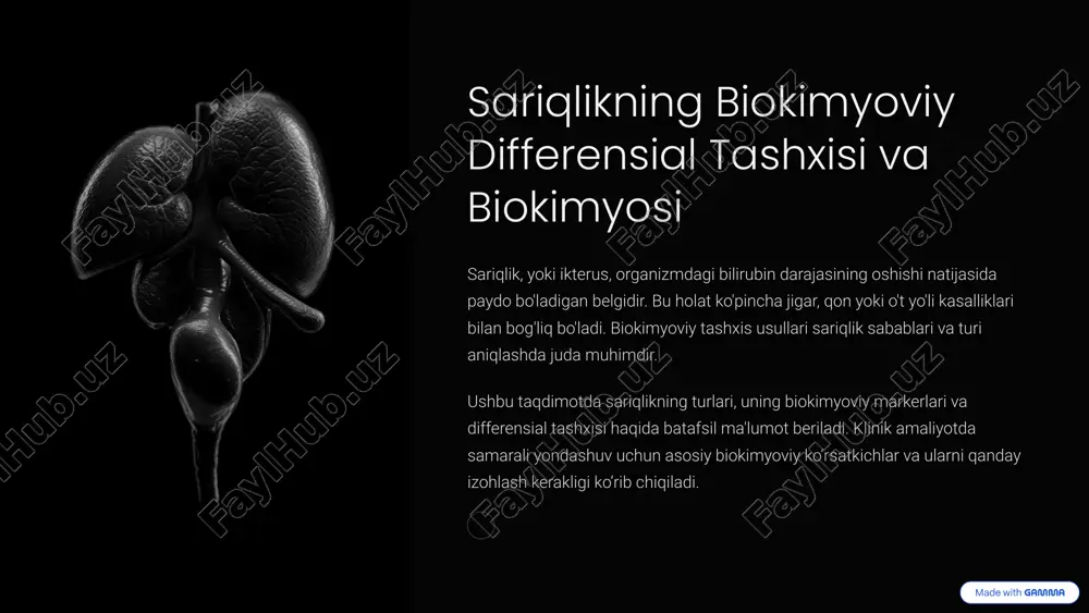 irubin (umumiy, to'g'ri, bilvosita) jigar hujayralarining konjugatsiya qobiliyatining pasayishi natijasida to‘g‘ri va bilvosita bilirubin darajasi oshadi. prothrombin vaqti (pt) / inr jigar shikastlanishini ko‘rsatadi, cho‘zilishi qon ivishining buzilishini bildiradi. 5 post-hepatik sariqlikning biokimyoviy markerlari 1 alp va ggt yuqori darajadagi oshishi o't yo'llarining to'silganligi va gepatobiliyar tizimning buzilishini bildiradi. 2 to'g'ri bilirubin sezilarli darajada oshishi, siydikda ko‘rinadigan sariqlik alomatlari paydo bo‘ladi. 3 amilaza va lipaza pankreatit yoki o't yo'llari muammolari tufayli ushbu fermentlar ham ko'tarilishi mumkin. 6 bilirubin metabolizmi gemoglobinning parchalanishi gemoglobinni parchalanishi natijasida bilinadigan pigment bilirubin hosil bo‘ladi, u qon orqali jigarga olib boriladi. jigarda konjugatsiya bilirubin glyukuron kislotasi bilan konjugatsiyalangan holda suvda eriydigan holga keladi va safro orqali chiqariladi. urobilinogen hosil bo‘lishi ichakda bilirubin metabollari urobilinogen shaklida chiqadi va organizmdan peshob orqali chiqariladi. 7 jigar funktsiyasi testlari (lft) ferment darajalari alt, ast, alp va ggt darajalarining analizlari jigar hujayralarining holatini ko'rsatadi. proteinlar albumin va globulin ko‘rsatkichlari sintez funktsiyasi …