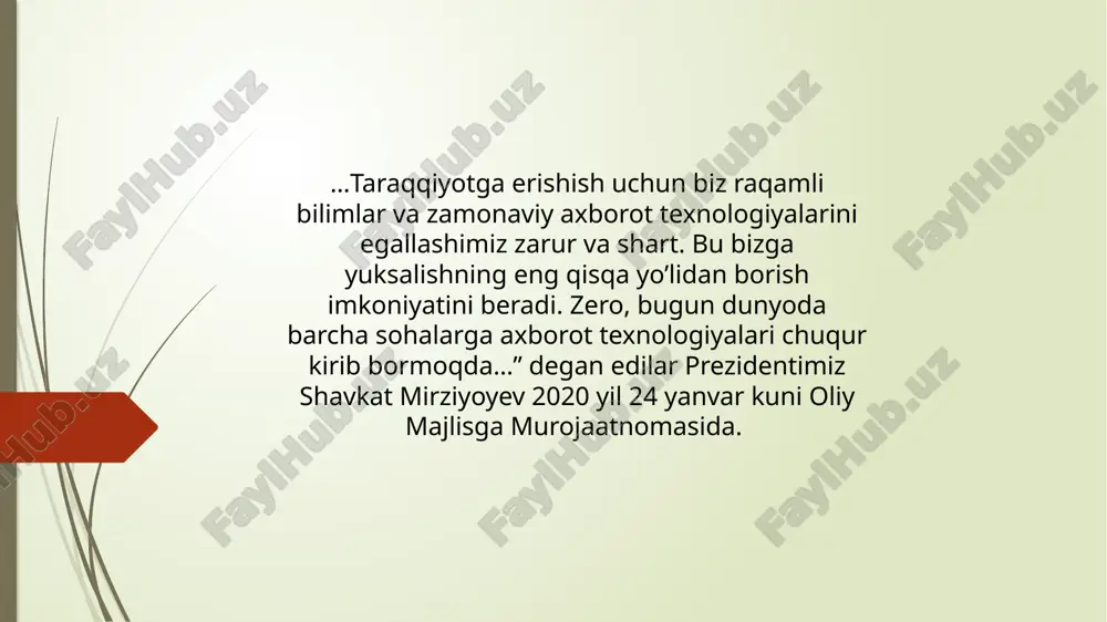 shni nazarda tutadi va ta’lim imkoniyatlaridan samarali foydalanishlari uchun o’quvchilarga sharoit yaratish hamda sifatli ta’lim olishdan teng foydalanishni ta’minlaydi raqamli maktab elektron ta’lim mazmuniga bepul kirishni nazarda tutadi va har bir o’quvchining qobiliyatlarini hisobga olgan holda o’quv jarayonini individuallashtirishga keng imkoniyatlarni yaratadi. ta’lim jarayonlarini raqamlashtirish maqsadlari: - ta’lim faoliyatining ochiqligi va shaffofligini ta’minlash; - ta’lim tizimida o’quv, ilmiy, ma’muriy va moliyaviy jarayonlarni avtomatlashtirish; - tahliliy ma’lumotlarni sahkllantirish va qaror qabul qilish jarayonini optimallashtirish va tezlashtirish; - ta’lim jarayoni ishtirokchilari faoliyati samaradorligini monitoring qilish; - ta’lim jarayonini boshqaruvchi (ish beruvchi), o’qituvchi va o’quvchi o’rtasida uzviylikni ta’minlash; - ta’lim jarayonida byurokratik to’siqlar yuzaga kelishini oldini olish va moliyaviy xarajatlarni qisqartirish; - boshqaruv jarayonlari uchun sarf qilinadigan vaqtni qisqartirish va mehnat samaradorligini oshirish. image1.png /docprops/thumbnail.jpeg