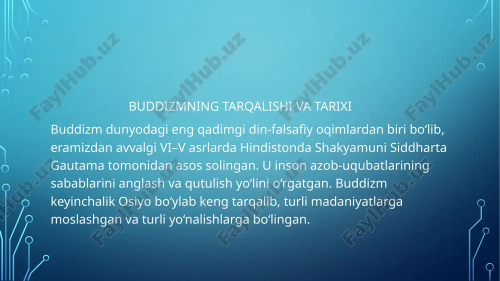oyilgan. myanma (birma) – buddizm iii asrda yetib kelgan va keyinchalik theravada maktabi ustunlik qilgan. tailand – buddizm iii asrda tarqalgan va theravada yo‘nalishi asosiy e’tiqodga aylangan. kambodja va vetnam – mahayana va theravada yo‘nalishlari bu hududlarga hindiston va xitoy orqali yetib kelgan. markaziy osiyo va g‘arbga tarqalishi (ii–x asrlar) markaziy osiyo buddizm o‘rta osiyo va baqtriya (hozirgi afg‘oniston, o‘zbekiston va tojikistonning ba’zi qismlari) hududlariga buyuk ipak yo‘li orqali kirib kelgan kushon imperatori kanishka (ii asr) buddizmni qo‘llab-quvvatlab, uning o‘rta osiyoda tarqalishiga katta hissa qo‘shgan. dunyo bo‘ylab mashhur bo‘lgan tohar, so‘g‘d va xotan buddist madaniyati shakllangan. g‘arbiy dunyoga tarqalishi buddizm eron va yunon-baqtriya orqali g‘arbiy osiyoga yetib borgan, ammo keyinchalik islomning tarqalishi bilan bu hududda o‘z mavqeini yo‘qotgan. bugungi kunda buddizm g‘arb dunyosida falsafiy ta’limot sifatida katta qiziqish uyg‘otmoqda. buddizmning asosiy yo‘nalishlari buddizm turli hududlarda tarqalishi davomida uchta asosiy yo‘nalishga ajralgan: 1. theravada (“keksa o‘git”) asosiy hududlar: shri-lanka, myanma, tailand, …