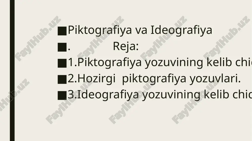 dan misr yozuvi, xitoy yozuvi va ayrim yozuvlar ideografiya yo’sinda bo’lgan. 1799-yilning 15-iyulda per-fransua bushar boshchiligidagi askarlar rozett shahri yaqinida tosh plitani topishadi. unda qadimgi mısır yozuvida yozilgan 3 ta matn bor edi. rozett toshi 1802-yildan beri britaniya muzeyida saqlanadi. ideografik atamasi 1 marta 1822-yilda fransuz olimi shampollion tomonidan misr yozuviga ishora qilgan. o’shandan beri bu atama kengayib bordi. ideografik yozuv tipiga xitoy yozuvi kiradi. xitoy yozuvi taxminan eradan 2000 –yil avval paydo bo’lgan. yozuv yo'nalishi chapdan o’ngga , avval tepadan pastga, o’ngdan chapga yoziladigan 60 000 atrofida belgi mavjud. bu yozuv eramizdan hozirgi kungacha ishlatilib kelinmoqda. image1.jpeg image2.jpeg image3.jpeg image4.jpeg image5.jpeg image6.jpeg image7.jpeg image8.jpeg image9.jpeg image10.jpeg image11.jpeg image12.jpeg image13.jpeg /docprops/thumbnail.jpeg