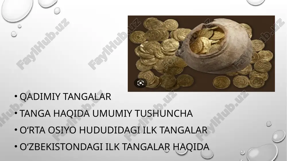 lgan ma'lumotlar o’z davrining siyosiy‚ iqtisodiy va madaniy jihatlarini yoritishda o’ziga xos o’rin tutadi. jumladan‚ tangalarda aks etgan hukmdor ismi va unvoni‚ turli xil ramziy belgilar (tamg’a va hokazo) ko’proq siyosiy hayotni yoritishga yordam bersa‚ ularning ikonografik (tasvir va syujetlar) va paleografik jihatlari‚ yasalish texnikasi‚ metall turi va boshqalar o’z davri madaniy-iqtisodiy holatini tasavvur qilishga xizmat qiladi. . qadimgi tangalarga evropada uyg’onish davrida (xvi asrda) qiziqish paydo bo’la boshlagan. ilk marotaba tangalarni faqatgina qiziquvchi sifatida yig’ishgan. birinchilardan italyan shoiri f. petrarka (1304-1374) qadimgi rim tangalarini kollektsiya qilgan. eʼtiboringiz uchun rahmat image2.png image4.jpeg image3.png image5.jpeg image6.jpeg image7.jpeg image8.jpeg image9.jpeg image10.jpeg image11.jpeg image12.jpeg image13.jpeg image14.jpeg image1.png /docprops/thumbnail.jpeg