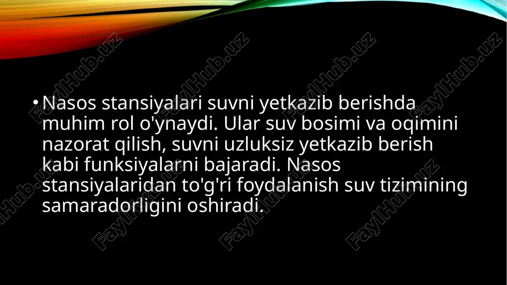 oshirish yo'llari energiya samaradorligi yangi texnologiyalardan, masalan o'zgaruvchan chastotali privod, foydalanish. muqobil energiya manbaalari quyosh panellari yoki shamol generatorlarini o'rnatish. axborot tizimlarini modernizatsiya qilish monitoring va boshqaruv tizimlarini yangilash. xodimlarni malakasini oshirish xodimlarning bilim va malakalarini muntazam oshirib borish. nasos stansiyalaridan oqilona foydalanish afzalliklari tejamkor foydalanish energiya va suv resurslaridan oqilona foydalanish. ortiqcha xarajatlarni kamaytirish texnik xizmat sarf-xarajatlarini va xizmat muddatini uzaytirish. xavfsizlik va barqarorlik tizimning ishonchliligi va uzluksizligini ta'minlash. nasos stansiyalaridan foydalanish bilan bog'liq muammolar va ularning yechimi tizim buzilishlari tizim komponentlarining nosozliklari va buzilishlari yuzaga kelishi. energiya sarfi nasos stansiyalarining yuqori energiya sarfi muammosi. shovqin va infratuzilma shovqin va yer osti infrastrukturalariga salbiy ta'sir ko'rsatishi. texnik xizmatlar muntazam xizmat ko'rsatish va ta'mirlash ishlari olib borilishi kerak xulosa va tavsiyalar nasos stansiyalarining ahamiyati suv tizimining samarali ishlashi uchun nasos stansiyalarining o'rni beqiyos. to'g'ri boshqaruv va xizmatlar muntazam monitoring, texnik xizmat va xavfsizlikka rioya qilish muhim. yangi texnologiyalar va yechimlar …