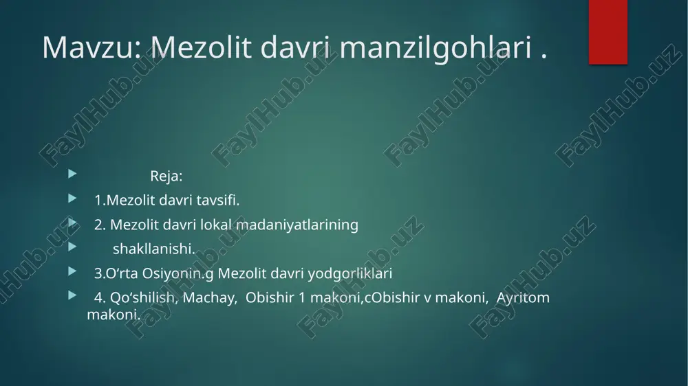 hlar, pichoq qadamalar , nukleuslar topilgan. obishir v makoni obishir 1 makonidan 200 metrcha garbda joylashgan. u yerda 3 ta madaniy qatlam aniqlangan. qurrollari oq qora va kulrang chaqmoqtoshdan yasalgan mikrolitlar –paraqalar , pichoqlar qirgʻichlar ,kesgichlar , teshgichlar oroq randa va turli shakldagi nukleuslar topilgan. image6.jpeg image7.jpeg image8.jpeg image9.jpeg image10.jpeg image11.jpeg image12.jpeg image13.jpeg image14.jpeg image15.jpeg image16.jpeg image17.jpeg image18.jpeg image19.jpeg image20.jpeg image21.jpeg image2.png image3.png image4.png image5.png /docprops/thumbnail.jpeg