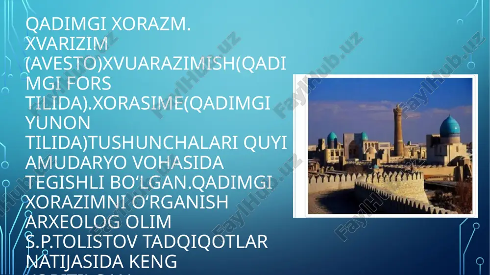 ʻliq olimlarning taʼkidlashicha bu dinning paygʻambari boʻlmish zardusht mil.a.v.v 1500-1200-yillar oraligʻida volgadan sharqdagi chorvachilik va dehqonchilik madaniyati uzviy bogʻliq boʻlgan mintaqada, demak, xorazm madaniyati hududida paydo boʻlgan fikrlar bor. image2.png image3.jpeg image4.jpeg image5.jpeg image6.jpeg image7.jpeg image8.jpeg image9.jpeg image10.jpeg image11.jpeg /docprops/thumbnail.jpeg