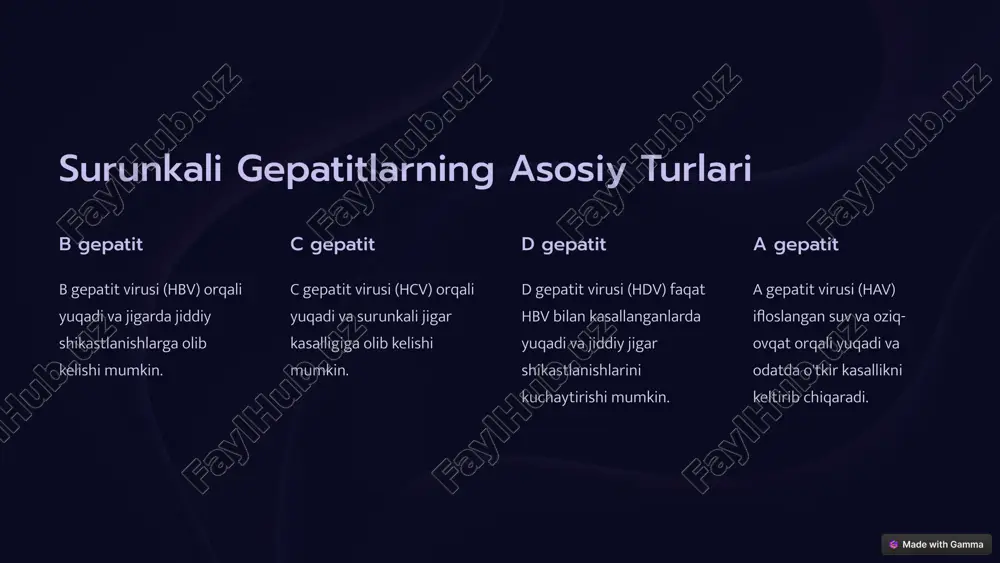 i sog'lom ovqatlanish, jismoniy mashqlar va spirtli ichimliklardan voz kechish. 7 surunkali gepatitlardan saqlanish va oldini olish vaksinalar hbv ga qarshi vaksina samarali himoya beradi. xavfsiz jinsiy aloqa kondom ishlatish hbv va hcv yuqish xavfini kamaytiradi. ignalardan foydalanishda ehtiyot bo'lish ifloslangan ignalardan foydalanish hcv yuqish xavfini oshiradi. 8 surunkali gepatitlarga qarshi kurashishda davlat dasturlarining roli 1 mavjud dasturlar vaksinalar, diagnostika va davolash uchun yordam. 2 xabardorlik oshirish ommaviy axborot vositalari orqali kampaniyalar. 3 tadqiqotlarni qo'llab-quvvatlash yangilanish dori-darmonlar va davolash usullarini rivojlantirish uchun. 9 image1.png image2.png image3.png image4.png image5.png image6.png image7.png image8.png image9.png image10.png image11.png image12.png image13.png image14.png image15.png image16.png image17.png image18.png