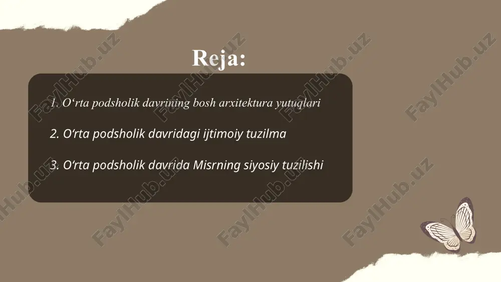 edi. hukumat markaziy nazoratni kuchaytirgan va mahalliy boshqaruv tizimini takomillashtirgan. ushbu davrda misr tashqi siyosatda ancha faollashdi, nubiya va levantga ekspeditsiyalar uyushtirildi. fir'avn, noʻiblar va davlat xizmatlari uchun markazlashgan boshqaruv va resurs taqsimoti siyosiy barqarorlikni ta'minladi. mamlakat ichki iqtisodiy va madaniy jihatdan rivojlandi. 5 ... t.me/slaydai_bot 4. oʻrta podsholik davrida misrning diniy eʼtiqodi oʻrta podsholik davrida misrning diniy eʼtiqodi ko'plab xudolar panteoni atrofida shakllangan edi. eng mashhur xudolar orasida amon, ra, osiris va isis joy olgan. amon-ra, quyosh xudosi, asosiy xudo sifatida hurmat qilingan. osiris o'lganlar saltanatini boshqargan va bu davrda keyingi hayot haqidagi tushunchalar kuchaygan. har bir shahar va viloyat o'z xudosiga ega bo'lishi mumkin, va bu eʼtiqodlar mintaqaviy bo'linmalarga ham taʼsir qilgan. ilohiylik va marosimlar oddiy hayotning ajralmas qismi bo‘lgan va fir'avnlar xudolarning o'g'illari deb hisoblangan. mabudlarga bag'ishlangan ulkan ibodatxonalar barcha katta shaharlar va madaniyat markazlarida qurilgan. ... t.me/slaydai_bot 5. oʻrta podsholik davrida iqtisodiy rivojlanish asosan dehqonchilik va …