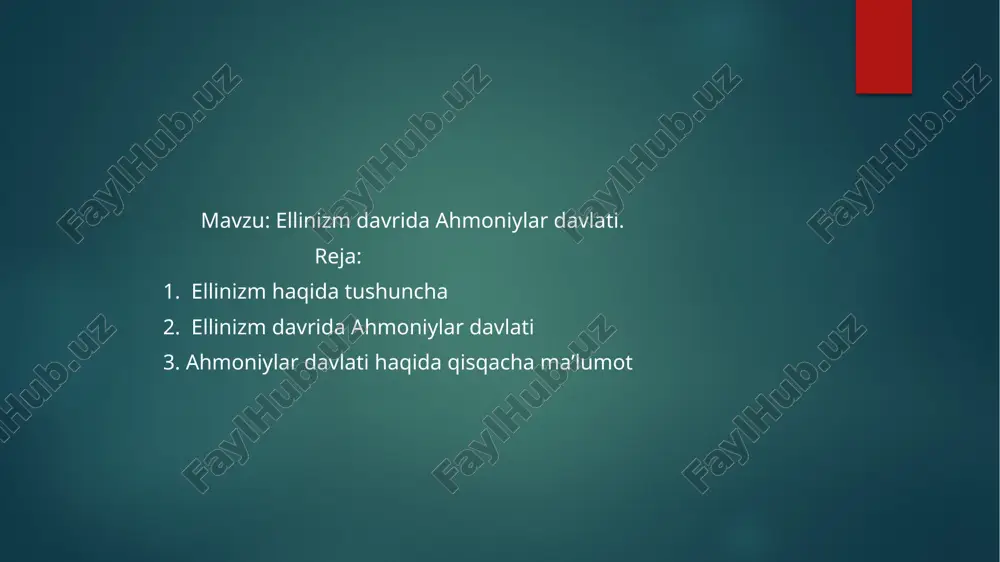 u davri urugchilikdam sinfiylik jamiyatiga oʻtish davri boʻlgan. ahamoniylar davrida davlat bayrogʻi oʻrta osiyoda xalqlari ustidan ahmanoniylar hukronligi 200 yildan ko’proq davom etgan. faqat m.av iv asrda saklar, xorazmiylar va massagetlar ahamoniylar davlati tarkibida ajralib chiqib mustaqil boʻladi. eʼtiboringiz uchun rahmat! mutallibova oydona image6.jpeg image7.jpeg image8.jpeg image9.jpeg image10.jpeg image11.jpeg image12.jpeg image13.jpeg image14.jpeg image15.jpeg image16.jpeg image17.jpeg image18.jpeg image2.png image3.png image4.png image5.png /docprops/thumbnail.jpeg