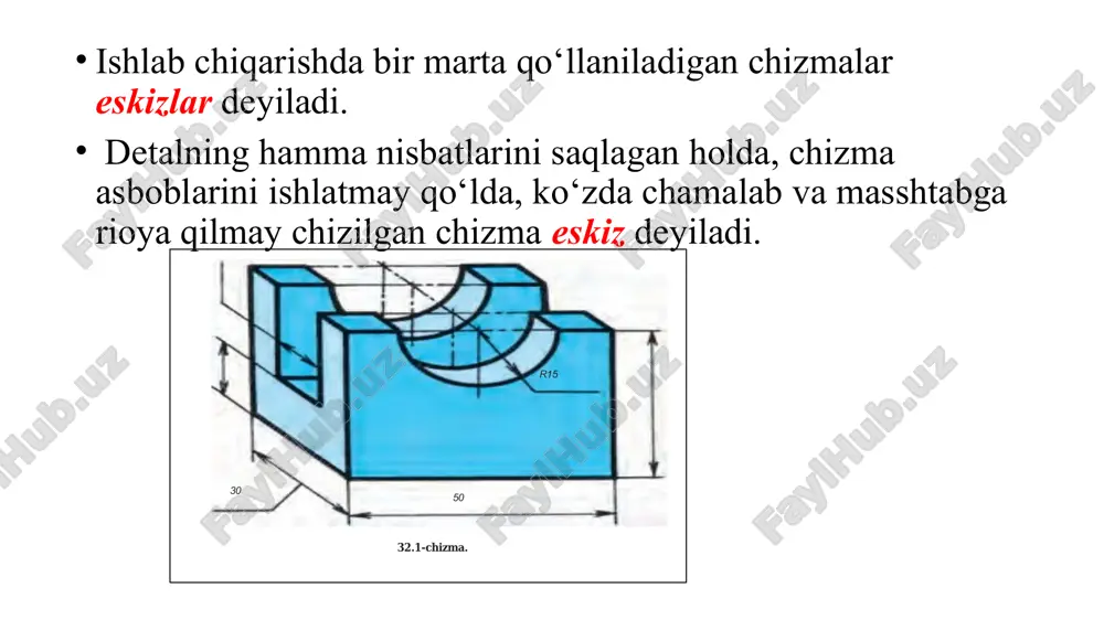 amchi chiziqlarda belgilanib, markaz va o‘q chiziqlari chizib chiqiladi (32.2-chizma, a). a b r15 50 14 eskiz detalning ko‘rinadigan konturi chizib chiqiladi va ko‘rinmaydigan qismlari shtrix chiziqlarda chiziladi (32.2-chizma, b). detalga o‘lcham chiziqlar chizib chiqiladi (32.2-chizma, d). detelga aslidan o‘lchab olingan o‘lchamlari qo‘yiladi ortiqcha chiziqlar o‘chirilib, eskiz taxt qilinadi va asosiy yozuv yoziladi (32.2-chizma, e). a b r15 50 14 eskiz detalni o‘lchash tartibi. chizmalarga o‘lchamlar qo‘yishda detallarning o‘zini o‘lchashga to‘g‘ri keladi. detallarni o‘lchashda maxsus o‘lchov asboblaridan foydalaniladi. ulardan qanday foydalanish va ularning nomlari 31.3-chizmada ko‘rsatilgan. po‘lat yoki oddiy chizg‘ich bilan detalning chiziqli o‘lchamlari va ayrim qismlari o‘lchanadi. kronsirkul bilan detal silindr qismlarining diametrlari, nutromer bilan har xil teshiklar o‘lchanadi. bitta shtangensirkul hamma o‘lchash asboblarining o‘rnini bosadigan universal asbob hisoblanadi. bulardan tashqari, juda ko‘p har xil o‘lchash asboblari ham mavjud, masalan, burchak o‘lchagich, radius o‘lchagich va hokazo a nutromer kronsirkul 32.4-chizma. r1-6,5 b d 32.3-chizma. 32.5-chizma. a b 32.6-chizma. texnik …