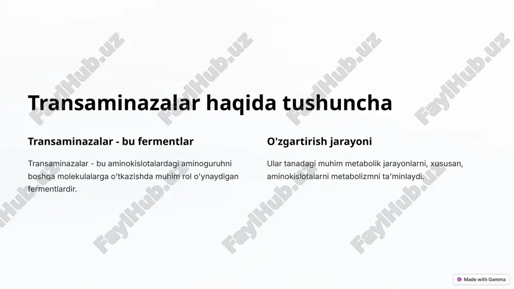mumkin. 6 transaminaza faolligining yuqori ko'rsatkichlarini taqsimlanishi 10-15 yengil transaminaza darajasi normaldan 10-15 baravar ko'paygan holatlar. 20-50 o'rtacha transaminaza darajasi normaldan 20-50 baravar ko'paygan holatlar. 50+ og'ir transaminaza darajasi normaldan 50 va undan ortiq baravar ko'paygan holatlar. 7 transaminaza faolligining juda yuqori ko'rsatkichlari jigar etishmovchiligi jigar etishmovchiligi, jigar to'liq funksiyasini bajara olmaganida, transaminaza darajasi juda yuqori bo'ladi. o'tkir jigar shikastlanishi o'tkir jigar shikastlanishi, masalan, o'tkir gepatit, transaminaza darajasi juda yuqori bo'ladi. to'qimalarning keng miqyosli shikastlanishi keng miqyosli mushak shikastlanishi yoki jarohat transaminaza darajasi juda yuqori bo'lishiga olib kelishi mumkin. 8 transaminaza faolligini baholashda qo'llanadigan tekshiruv usullari 1 qon tahlili qon tahlili transaminaza fermentlarini darajasini aniqlash uchun qo'llaniladi. 2 biokimyoviy tahlillar jigar funksiyasini baholash uchun bilirubin, albumin, protrombin vaqtini o'lchash amalga oshiriladi. 3 ultarash tovush tekshiruvi ultarash tovush tekshiruvi jigar tuzilishi va o'lchamlarini baholash uchun qo'llaniladi. 9 transaminaza faolligining klinik-tashxisiy ahamiyati 10 image1.png image2.png image3.png image4.png image5.png image6.png image7.png image8.png image9.png …