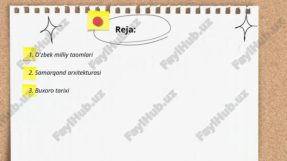 i kirib kelgan. 9-10-asrlarda somoniylar davrida buxoro ilm-fan va madaniyat markaziga aylangan. bu davrda abu ali ibn sino va boshqa olimlar ijod qilishgan. 1220 yilda chingizxon boshchiligidagi mo'g'ullar buxoroni bosib olganlar. 16-asrda shahar shayboniylar davlatining poytaxti bo'ldi. 1868 yilda buxoro rossiya imperiyasi tasarrufiga o'tdi, lekin 1920 yilda buxoro xalq sovet respublikasi e'lon qilindi. 1924 yilda buxoro o'zbekiston ssr tarkibiga kirdi. ... t.me/slaydai_bot 4. xiva madaniy merosi xiva, oʻzbekistonning xorazm viloyatidagi qadimiy shahar, o‘zining boy madaniy merosi bilan mashhur. xiva tarixiy markazi, ichan-qalʼa, 1990 yilda yuneskoning jahon merosi ro‘yxatiga kiritilgan. shaharda 50 dan ortiq madaniy va tarixiy inshootlar mavjud. ulardan eng mashhurlari: 10-asrda qurilgan kalta minor minorasi va 18-asrga mansub islomxoʻja minorasi. xivaning qurilish uslubi va meʼmorchiligi katta ipak yo‘li davriga oid. shuningdek, xiva 17-asrda qoʻngʻirot sulolasi tomonidan xiva xonligining poytaxti etib e'lon qilingan. ichan-qalʼa devorlari 2,2 kilometr uzunlikda bo‘lib, 20 dan ortiq darvozalari mavjud. xiva 20-asr boshida 25 ming aholiga …