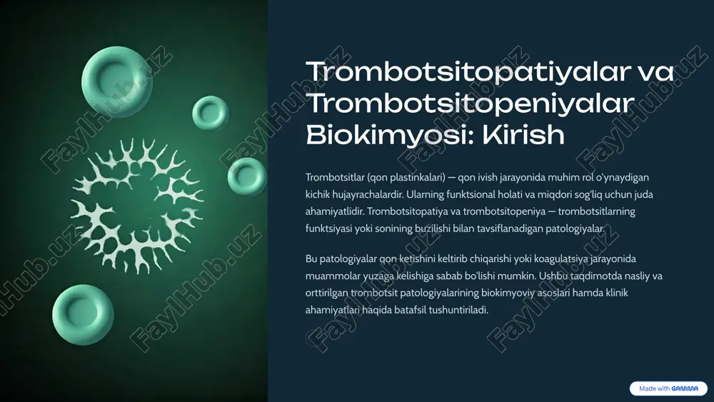 rombotsitopatiyalar: etiologiya va mexanizmlar dori-darmonlar ta'siri aspirin va klopidogrel kabi preparatlar trombotsitlarning faolligini inhibe qiladi, bu esa ularning aggregatsiyasini pasaytiradi. surunkali kasalliklar uremiya yoki miyeloproliferativ kasalliklar trombotsit ishlab chiqarish va funktsiyasiga salbiy ta’sir ko‘rsatadi. immun tizimi buzilishlari autoimmun jarayonlar trombotsitlarga qarshi antitanalarni yuzaga keltirib, ularning miqdori va funktsiyasini kamaytiradi. 6 aspirinning trombotsitlar funktsiyasiga ta'siri 1 tromboksan a2 sintezi inhibitorligi aspirin cox-1 fermentini bloklab, tromboksan a2 sintezini to'xtatadi, bu esa trombotsitlarning faollashishini to'xtatadi. 2 cox-1 fermentining bloklanishi bu ferment trombotsitlarda koagulyatsiya jarayonining boshlanishi uchun zarur bo‘lgan moddalarning sinteziga ta'sir ko‘rsatadi. 3 klinik ahamiyati va dozalash aspirinning trombotsit faoliyatini pasaytiruvchi ta'siri yurak-qon tomir kasalliklarida profilaktika uchun qo‘llaniladi. 7 nasliy trombotsitopeniyalar: genetik asoslar wiskott-aldrich sindromi (was) bu sindromda was proteini yetishmasligi natijasida immun tizim va trombotsit funktsiyasi buziladi. myh9-ga bog‘liq trombotsitopeniya myh9 genidagi mutatsiyalar trombotsitlarning katta shaklda ishlab chiqarilishiga olib keladi, funktsiyalari buziladi. boshqa genetik sabablar nisbatan kam uchraydigan boshqa gen mutatsiyalari ham …