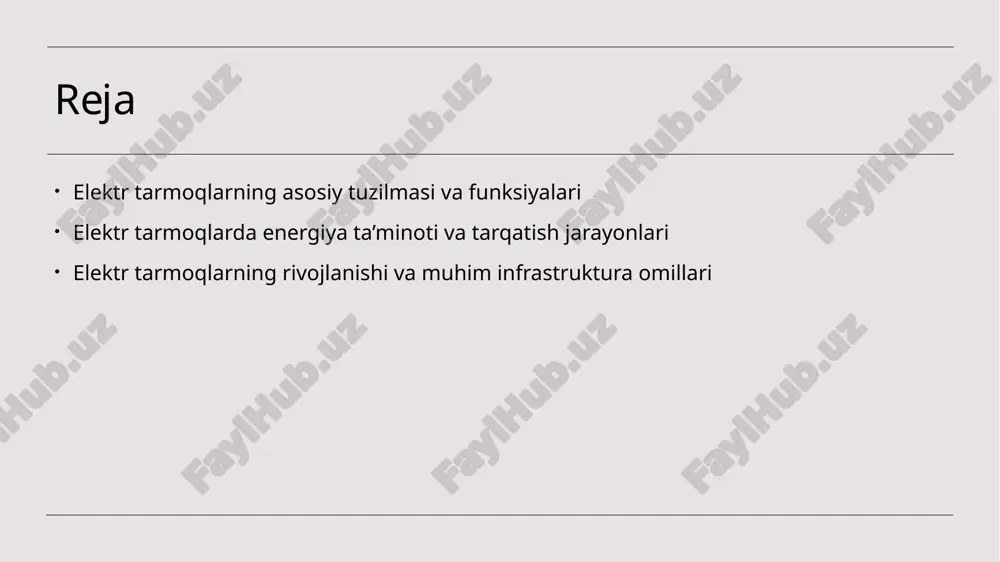 tlarda energiya uzatishni va iste'molni xavfsiz tarzda boshqarishni ta'minlaydi. elektr tarmoqlarning strukturaviy xususiyatlari va ularning samaradorligini ta’minlash tuzilma elementlari elektr tarmoqlarning strukturasida liniyalar, transformatorlar va substansiyalar muhim rol o’ynaydi. bu elementlar energiya uzatish va ta’minotni ta’minlash uchun asosiy bo’laklardir. samaradorlik omillari tarmoqning samaradorligi uning strukturasiga, texnologik yechimlarga va tarmoqdagi uzilishlarni oldini olish strategiyalariga bog’liq. bu, energiya yo‘qotishining kamayishiga yordam beradi. infratuzilma talablari yaxshi infratuzilma, yuqori sifatli uskunalar va modernizatsiya qilish imkoniyatlari bilan, elektr tarmoqlarning barqarorligi va uzluksizligini ta’minlashga imkon beradi. elektr tarmoqlarda energiya ta’minoti jarayonining asosiy bosqichlari va muhim omillari 01 tizim bosqichlari elektr tarmoqlarida energiya ta’minoti jarayoni bir necha asosiy bosqichdan iborat. bu bosqichlar energiyaning ishlab chiqarishdan iste’molgacha bo‘lgan harakatini ta’minlaydi va uzluksiz ishlash uchun muhimdir. 02 energiya ishlab chiqarish elektr energiyasi asosan elektr stansiyalarida ishlab chiqariladi, u yerda turli xil texnologiyalar yordamida quvvat hosil qilinadi. bu bosqich energiya ta’minotining asosiy manbaidir. 03 taqsimot va uzatish elektr energiyasi yuqori …
