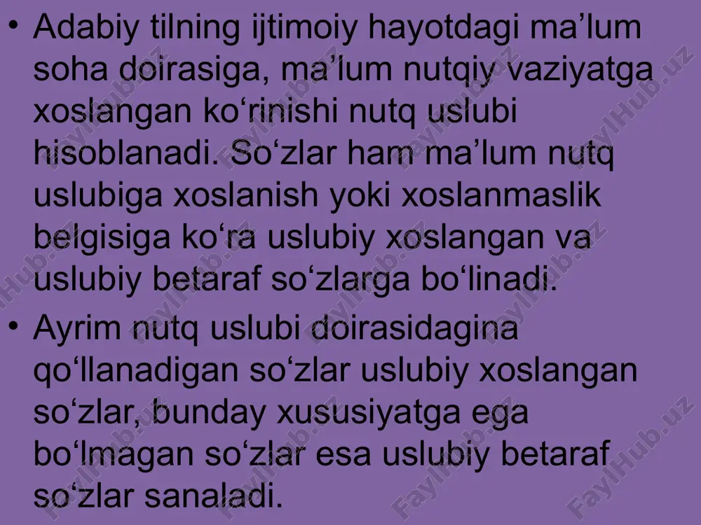 opajon kabi. bunday birikmalarni yoningizda siz bilan oddiy holatda jonli muloqot qilib turgan kishilarga qo‘llay olmaysiz. agar shunday birikmalarni qo‘llasangiz, noqulay ahvolga tushasiz. tilimizda barcha uslublarda teng qo‘llaniladigan so‘zlar bo‘lishi bilan birga, faqat ayrim nutq uslublari uchun xoslangan so‘zlar ham mavjud. shuning uchun so‘zlar ana shu belgiga ko‘ra ikki guruhga bo‘linadi: 1) uslubiy betaraf so‘zlar (masalan, so‘zlamoq, gapirmoq, uy, daftar, ovqat va boshqalar) 2) uslubiy xoslangan so‘zlar (mazkur, binobarin, dudoq, irin, qaroq, nigoh, tashlamoq, bayonnoma, nota va boshqalar). so‘zlashuv uslubi kundalik hayotda uyda, ko‘cha-ko‘yda, ish joylarida va boshqa joylarda kishilarning bir-biri bilan erkin muloqotga kirishuvi so‘zlashuv uslubi orqali yuzaga chiqadi oddiy so‘zlashuv uslubida so‘zlovchi nutq vaziyatidan kelib chiqib, axborot uchun eng kerakli so‘zlarnigina ishlatadi. qolganlari nutqiy vaziyatdan bilinib turadi yoki imo-ishora va mimikalar bilan to‘ldiriladi. masalan, kinoteatr chirtaxonasidan chirta olish uchun so‘raysiz: — beshinchidan ikkita (menga beshinchi qatordan ikkita chirta bering deb o‘tirmaysiz). 1) adabiy so‘zlashuv uslubi 2) oddiy so‘zlashuv …