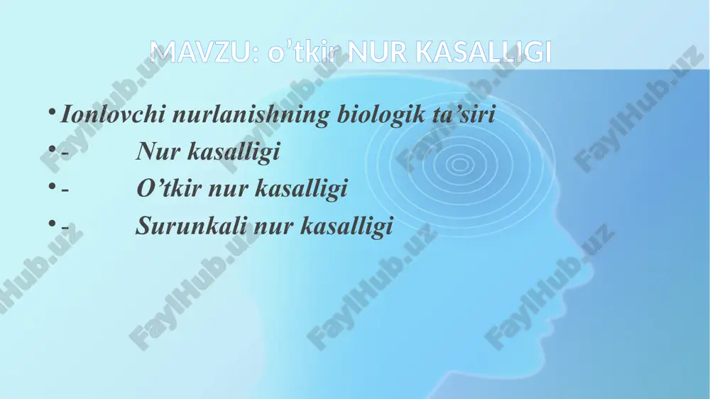 i. bir grey dan 10 greygacha nurlanish olgan tanada asosan suyak iligi zararlanishi bilan bog’liq o’zgarishlar ruy berib, o’tkir nur kasalligining bu ko’rinishi suyak iligi nomini olgan. 20 greygacha nurlanish olgan hollarda qon ishlab chiqaruvchi a'zolardan tashqari, ichak epiteliysi zarar kuradi. harbiy terapevtlar uchun suyak iligidagi o’zgarishlar bilan kechuvchi nur kasalligini o’rganish ahamiyatlidir. bu kasallikning o’ziga xos tomonlaridan biri, uning davriy kechishidir. bunda 4 davr ko’zatiladi: 1) boshlang’ich yoki organizmning nurlanishga dastlabki javob davri; 2) yashirin yoki kasallik belgilari go’yo yuqolib borayotgandek davr; 3) qo’zg’alish yoki kasallikning barcha belgilari yo’zaga chiqadigan davr; 4) tuzalish davri. o’tkir nur kasalligi o’ta og’ir kechgan hollarda a. i. vorobev fikricha suyak iligi yaxshilab ko’chirib o’tkazilmasa, bemor sog’ayishiga umid qilib bo’lmaydi. shuning uchun bunday bemorlar yuqori malakali, turli tibbiy sohadagi mutaxassislar ishlaydigan, maxsus qon kasalliklari shifoxonalarida davolanishlari zarur. o’tkir nur kasalligi belgilari. kasallikning boshlanqich davri. kasallikning dastlabki, belgilari bemor qancha nur olganiga qarab namoyon bo’ladi. …