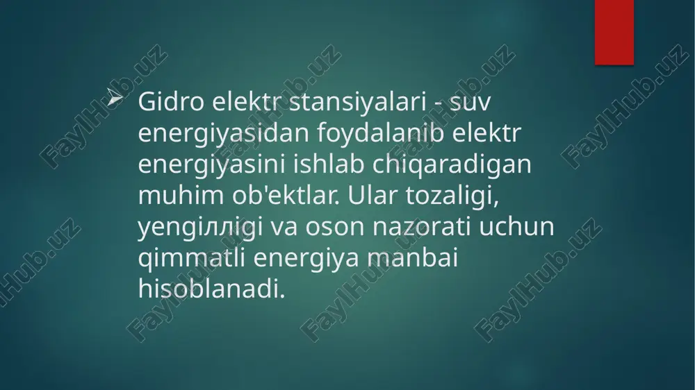a ulash uchun. gidro elektr stantsiyalarning atrof-muhitga ta'siri suv ekotizimlari dam va suv omborlarining salbiy ta'siri daryolar va oziq-ovqat zanjiriga yetishi mumkin. yerlarning suvosti qolinishi suv ombori suv ostida qolgan yerlarda tabiat va qishloq xo'jaligi ishlarining yo'qolishiga olib keladi. seysmik xavf katta hajmdagi suv ombori yer osti harakatlariga olib kelishi va seysmik xavfni oshirishi mumkin. gidro elektr stantsiyalarining iqtisodiy va ijtimoiy afzalliklari arzon elektr energiyasi gidroenergetika odatdagidan arzon elektr energiyasini ishlab chiqaradi. mahalliy sanoat gidroelektr stantsiyalari mintaqaviy sanoat rivojiga turtki bo'ladi. ijtimoiy taraqqiyot yangi ish o'rinlari, infratuzilma va qishloq xo'jaligining rivojlanishi. suv boshqaruvi gidroenergetika suv ombori va oqimlarini boshqarish imkoniyatini yaratadi. gidro elektr stantsiyalarining kelgusi istiqbollari texnologik rivojlanish turbinalar, generatorlar va boshqaruv tizimlarining rivojlanishi samaradorlikni oshiradi. gidrogenlar ishlab chiqarish gidroenergetika tizimi gidrogenlar ishlab chiqarish uchun foydalanilishi mumkin. qayta tiklanadigan manbalar bilan integratsiya gidroenergetika quyosh, shamol va boshqa manbalar bilan integratsiya qilinishi mumkin. xulosa va takliflar ekologik jihatdan toza gidroenergetika atmosferaga …