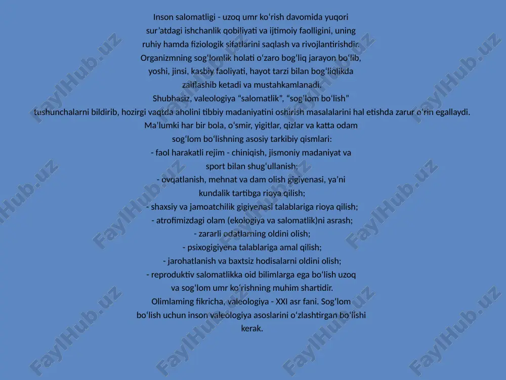 lish; - jarohatlanish va baxtsiz hodisalarni oldini olish; - reproduktiv salomatlikka oid bilimlarga ega bo‘lish uzoq va sog‘lom umr ko‘rishning muhim shartidir. olimlaming fikricha, valeologiya - xxi asr fani. sog‘lom bo‘lish uchun inson valeologiya asoslarini o‘zlashtirgan bo‘lishi kerak. “avesto”da sog‘lom turmush tarziga oid fikrlar qadimgi o‘rta osiyo (xorazm, baqtriya, sug‘diyona, farg‘ona) da bundan taxminan 3000 yil awal shakllangan va qaror topgan zardushtiylik (otashparastlik) dinining asosiy kitobi “avesto” (abisto)da yaxshilik, insonparvarlik, axloq-odob, yurish-turish, saranjom-sarishtalik, poklik, soflik va tozalik, o‘simlik va daraxt ko‘kartirish beqiyos darajada ulug‘lanadi. “avesto” faqat insonnigina emas, balki bir hovuch tuproq, bir qultum suv, bir nafaslik havoning ham muqaddas ekanligi haqidagi kitob. zardushtiylarda tabiat muhofazasi va muhit tozaligini saqlash, turli kasalliklarning oldini olish maqsadida sanitariya-gigiyena qoidalari amalga oshirilgan, axlatlarni bekitish, ifioslangan joylarni tuproq, tosh bilan ko‘mib tashlash; olov, issiqlik va sovuqlik yo‘li bilan kiyim-kechaklar va oziq-ovqatlarni zararsizlantirish, sirka, sharob, turli giyohlar tutatishni tavsiya qilgan. hozir ham o‘zbeklarda isiriq, sandal …