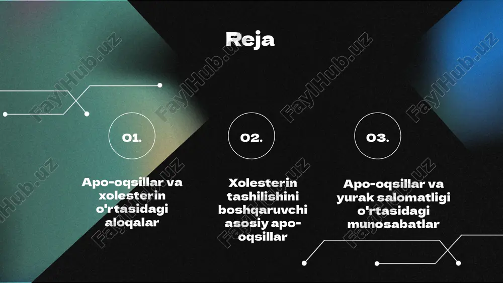 , zararsiz holatda qon tomirlariga qaytaradi. apob apob xolesterin va triglitseridlarni tashuvchi ldl (past zichlikdagi lipoprotein) ning asosiy komponentidir. u xolesterin ning qattiq hujayralarga o'tishini ta'minlaydi, bu esa ateroskleroz rivojlanishiga olib kelishi mumkin. apoe apoe xolesterin transportida muhim rol o'ynaydi va xususan, ldl ning hujayralarga kirishida ishtirok etadi. bu oqsil xolesterinning metabolizmini va tanadagi taqsimlanishini boshqaradi. xolesterin tashilishini boshqaruvchi asosiy apo-oqsillar xolesterin tashilishi jarayoni organizmda muhim rol o'ynaydi, chunki u hujayra membranalarining tuzilishi va gormonlar sintezida ishtirok etadi. xolesterinning normal darajada bo'lishi sog'lik uchun zarur, ammo uning ortishi turli kasalliklarga olib kelishi mumkin. apo-oqsillar haqida qisqacha ma'lumot: apo-oqsillar xolesterin tashilishida muhim vazifalarni bajaradi. ular lipoproteinlarning tuzilishini ta'minlab, xolesterin va boshqa lipidlarni hujayralarga yoki qon tomirlari orqali tashiydi. xolesterin tashilishida asosiy rol o'ynovchi apo-oqsillar: asosiy apo-oqsillar orasida apob, apoa-i va apoe mavjud. apob ldl lipoproteinlari uchun zarur bo'lib, xolesterinning hujayralarga yetkazilishiga yordam beradi. apoa-i esa hdl lipoproteinlarining asosiy komponenti bo'lib, xolesterinni …
