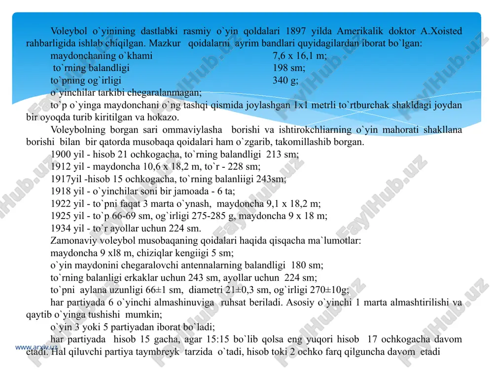 `tadi, hisob toki 2 ochko farq qilguncha davom etadi www.arxiv.uz o`yin to`xtatiladi va xato e`lon qilinadi: to`p kiritishda:chiziq bosilsa, to`pni irg`itmasdan o`yinga kiritilsa, to`p kiritish navbati buzilsa, to`p to`rga yoki begona predmetlarga tegsa, to`p kiritish jarayoni 5 soniyadan ortsa; to`p uzatish va qabul qilishda: to`p bir vaqtni o`zida yoki ketma-ket bir o`yinchi tomonidan 2 marta o`ynalsa, ilib uzatilsa, yoki qabul qilinsa, bir jamoa o`yinchilari (to`siqdan tashqari) 3 martadan ortiq to`p bilan harakat qilsalar; zarba va to`siq qo`yishda: o`yinchi to`rga tegib ketsa, o`rta chiziqdan o`tib ketsa, to`pni ilib o`ynalsa, to`p antennadan tashqari yoki antennaga tegib ketsa, raqib tomondagi to`p o`ynalsa. qoidalar rasmiy holda to`liq 1946 yilda joriy etilgan, lekin 1951 yilga kelib marselda fivb kongressi tomonidan tasdiqlandi. 1947 yil - erkaklar o`rtasida o`yin 5 partiyadan iborat 1950 yil - ayollar o`yini 5 partiyadan iborat 1952 yil - tanaffus 1 partiyada 2 marta 1957 yil - tanaffus 1 min.dan 30 sek.gacha qisqaradi …