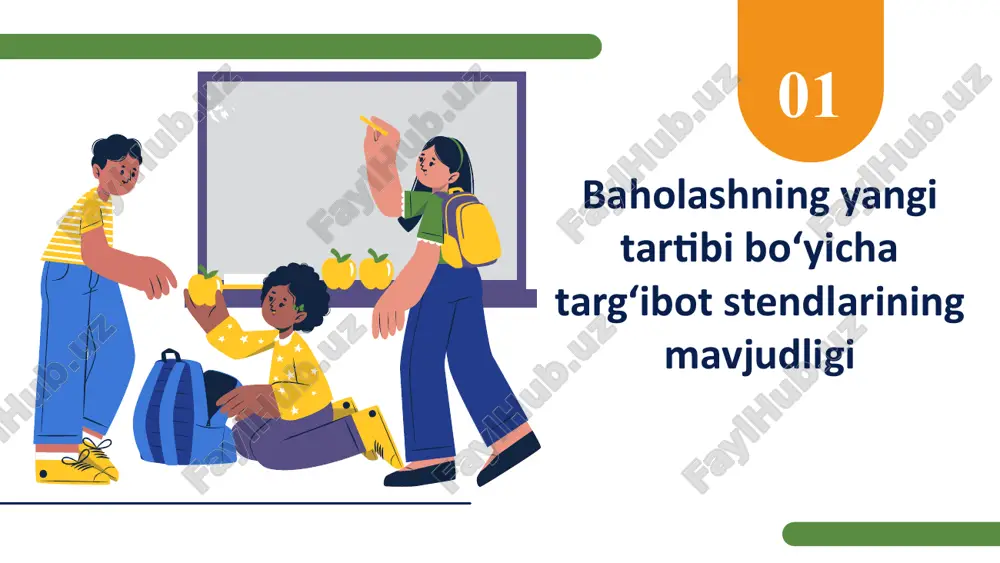 lashma yigʻmajildida bsb tahlillarining mavjudligi metodbirlashma yigʻmajildida bsb xulosalarining mavjudligi xulosalar asosida ishlab chiqilgan tavsiyalar mavjudligi (elektron yoki qogʻoz shaklida) loyiha ishlari 06 06 fanlar kesimida oʻquvchilar tomonidan bajarilgan loyiha ishlarining mavjudligi: fanlar kesimida oʻquvchilar tomonidan bajarilgan loyiha ishlarining mezon asosida baholanganligi: rejaning tuzilishi ishning jamoada taqsimoti xulosaning asoslanib chiqarilganligi, oʻqituvchining yordamisiz bajarilgani taqdimot 01 04 02 05 03 07 ota-onalar bilan tushuntirish ishlarining olib borilganligi maktab rahbariyatining ota-onalar bilan qayta aloqada boʻlganligi (suhbatlar, yigʻilishlar, tushuntirish ishlari fotolavhalari va bayonnomalari) ota-onalar oʻrtasida soʻrovnomalar oʻtkazilganligi baholashning yangi tartibi toʻgʻrisida oʻqituvchilarning yetarli maʼlumotga ega ekanligi 08 oʻqituvchilarning baholashning yangi tartibini joriy etish bilan bogʻliq hujjatlar bilan tanish ekanligi normativ hujjatlar bilan tanishmisiz? vazirlikning 248-sonli buyrugʻi yangi baholash tizimini oʻqituvchilar faoliyatiga, oʻquvchilarning sifatli taʼlim olishiga va ota-onalar faolligiga taʼsirini tushunishi ballar taqsimotini bilishi bsb larga-50 ball , chsb ga 40 ball, fb ga 10 ball. loyiha ishlari mohiyati nimadan iborat maktabingizda qanday loyiha …