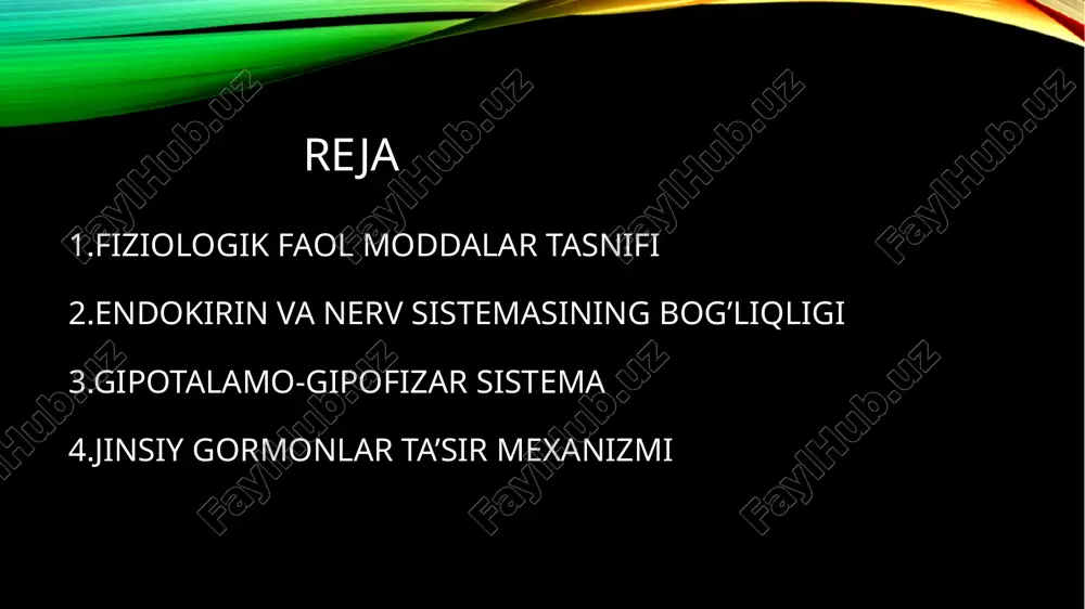 po’stloq qismi qalqonsimon bez tuxumdon urug’don sut bezlari bachadon muskullari nefronlar endokirin va nerv sistemasining bog’liqligi gipotalamo-gipofizar tizimi gipofizning turli organlarga ta’siri -qalqosimoin bez -tuxumdon -buyrak usti bezi -bachadon -sut bezlari -buyrak -suyak -muskullar gipotalamusdagi hujayralarning bir qismi gormon ishlab chiqarish qobiliyatiga ega. bu gormonlar rilizing omil yoki rilizing gormon deb nomlanadi. rilizing gormonlarni ishlab chiqaruvchi hujayralar esa neyrosekretor hujayralar deb ataladi. neyrosekretor hujayralarning aksoni orqali gipotalamus gipofiz bilan birlashgan bo’ladi. gipotalamusdagi neyrosekretor hujayralarda hosil bo’lgan rilizing-gormonlar gipofizning turli bo’limlaridagi endokrin hujayralarning sekresiyasini kuchaytiradi. gipofiz bosh miyani asosida joylashgan (asosiy suyakni turk egarida) bo’lib, uchta: oldingi, oraliq va orqa bo’limlardan iborat bo’lgan miyaning o’simtasidir. oldingi va oraliq bo’limlarini birgalikda adenogipofiz, orqa qismini neyrogipofiz deyiladi. rilizing omil ta’sirida gipofizni oldingi qismida somatotrop, tireotrop, adrenokortikotrop, gonadotrop singari trop gormonlar ishlab chiqariladi. erkaklar jinsiy gormonlari-androgenlar androgenlarga testosteron, androsteron va degidroepiandrosteron kiradi; bulardan eng faoli testosterondir. androgenlaming biosintezi asosan urug‘donlarda va qisman tuxumdon hamda …