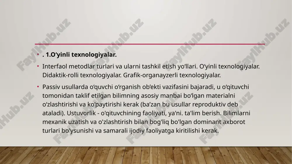 yopiq o’yinlar (tanlov asosida). analogik metodlar: rolli o’yin, vaziyatni o’rganish, stsenariylar texnikasi (strategik rejalashtrish metodi). asoslar. ishbilarmon o’yinlar haqiqatning aniq lavhalari ko’rsatiladigan real vaziyatlarni tiklash hisoblanadi. bunda ko’pincha ijtimoiy yoki ishlab chiqarish muhiti mojaro vaziyati model-lashtiriladi. ta’lim oluvchilar turli personajlar rollarini o’ynab, o’zlarining qiziqishlarini aks ettirishadi. kelib chiqishi. hozirgi ishbilarmon o’yinining dastlabki shakllari 17-18 asrlarda mavjud edi. boshlanishida ular xarbiy maqsadlarda strategik o’yin sifatida ishlatilgan, 1950-yillarda sanoat va iqtisodiyotda qo’llanilishi (biznes-trening, boshqaruv ko’nikmalarini mashq qilish) natijasida o’z xarakterini sezilarli o’zgartirdi. ta’lim tizimiga ega ishbilarmon o’yinlari siyosat-shunoslikda siyosat va jamiyatda echimlarni qabul qilish jarayonlarini modellashtirish orqali kirib keldi. e’tiboringiz uchun rahmat image2.jpeg /docprops/thumbnail.jpeg