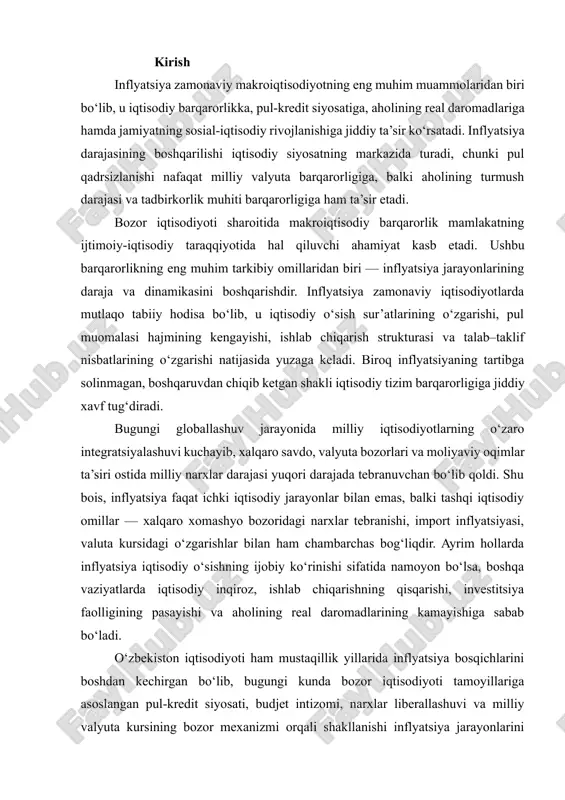y inqiroz, ishlab chiqarishning qisqarishi, investitsiya faolligining pasayishi va aholining real daromadlarining kamayishiga sabab bo‘ladi. o‘zbekiston iqtisodiyoti ham mustaqillik yillarida inflyatsiya bosqichlarini boshdan kechirgan bo‘lib, bugungi kunda bozor iqtisodiyoti tamoyillariga asoslangan pul-kredit siyosati, budjet intizomi, narxlar liberallashuvi va milliy valyuta kursining bozor mexanizmi orqali shakllanishi inflyatsiya jarayonlarini nazorat qilinishida muhim ahamiyat kasb etmoqda. xususan, o‘zbekiston respublikasi markaziy banki tomonidan inflyatsiyani nishonlash tizimiga o‘tish, pul-kredit mexanizmlarini modernizatsiya qilish, monetar va fiskal siyosatning uzviyligi milliy iqtisodiyotda narxlar barqarorligini ta’minlashning asosiy strategik yo‘nalishlaridandir. shu nuqtai nazardan, inflyatsiya turlarini, xususan, o‘sish sur’atlariga ko‘ra inflyatsiya dinamikasini chuqur o‘rganish — iqtisodiyotning hozirgi holatini baholash, iqtisodiy siyosatning ustuvor yo‘nalishlarini belgilash hamda inflyatsiya xavflarini prognoz qilishda muhim ilmiy-amaliy ahamiyatga ega. mazkur mavzuning o‘rganilishi iqtisodiy nazariyani chuqurlashtirish bilan birga, makroiqtisodiy siyosatni takomillashtirishga qaratilgan ilmiy asoslangan yondashuvni talab qiladi. inflyatsiya tushunchasi va iqtisodiyotdagi o‘rni inflyatsiya — bu mamlakatda tovarlar va xizmatlar narxlarining umumiy darajasi barqaror ravishda o‘sishi va natijada pulning …