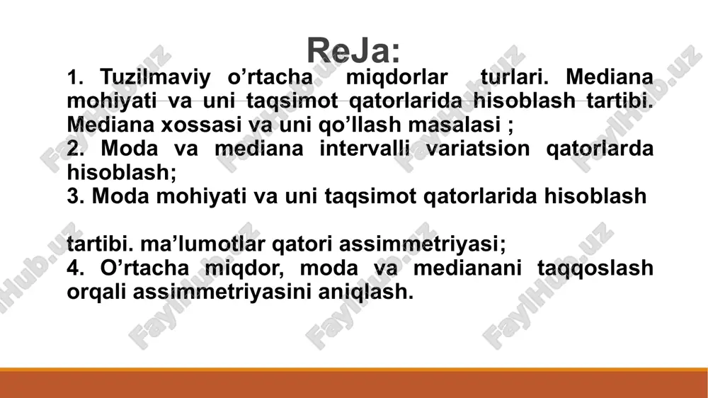 kamayib) boruvchi sonlar qatoriga aytiladi. diskretli qatorlar bo’yicha o’rtachalar variantalarni ularning chastotalariga ko’paytirib hosil bo’lgan yig’indini chastotalar yig’indisiga bo’lish orqali aniqlanadi bolalar soni bo’yicha oilalarning guruhlari (variantalar, x) oilalar soni (chastotalar, f) bolalar soni (xf) bolalari yuq oilalar (0) 1 ta bolaga ega oila (1) 2 ta bolasi bor oila (2) 3 ta bolali oila (3) 4 ta bolali oila (4) 5 ta bolali oila (5) 6 ta bolali oila (6) 10 30 75 45 20 15 5 0 30 150 135 80 75 30 jami 200 500 istiqbol mahallasida yashovchi oilalar va ularning bolalari haqida ma’lumot har bir oila bo’yicha o’rtacha bolalar sonini aniqlaymiz diskretli variatsion qator oddiy farqlanishi tortilgan farqlanishi oddiy arifmetik o’rtacha qiymat barcha qiymatlar teng ahamiyatga ega bo’lgan holatda hisoblanadi farqlanishi barcha qiymatlarni teng baholaydi qiymatlar o’z vazniga qarab baholanadi tortilgan arifmetik miqdorda har bir qiymatga o’zining vazni (ahamiyati) bilan ta’sir ko’rsatiladi o’rtacha arifmetik miqdorning muhim …