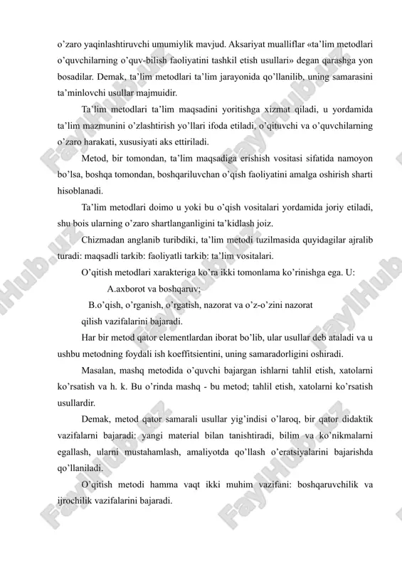 batan turlicha qarashlarning mavjudligiga qaramay, ularni o’zaro yaqinlashtiruvchi umumiylik mavjud. aksariyat mualliflar «ta’lim metodlari o’quvchilarning o’quv-bilish faoliyatini tashkil etish usullari» degan qarashga yon bosadilar. demak, ta’lim metodlari ta’lim jarayonida qo’llanilib, uning samarasini ta’minlovchi usullar majmuidir. ta’lim metodlari ta’lim maqsadini yoritishga xizmat qiladi, u yordamida ta’lim mazmunini o’zlashtirish yo’llari ifoda etiladi, o’qituvchi va o’quvchilarning o’zaro harakati, xususiyati aks ettiriladi. metod, bir tomondan, ta’lim maqsadiga erishish vositasi sifatida namoyon bo’lsa, boshqa tomondan, boshqariluvchan o’qish faoliyatini amalga oshirish sharti hisoblanadi. ta’lim metodlari doimo u yoki bu o’qish vositalari yordamida joriy etiladi, shu bois ularning o’zaro shartlanganligini ta’kidlash joiz. chizmadan anglanib turibdiki, ta’lim metodi tuzilmasida quyidagilar ajralib turadi: maqsadli tarkib: faoliyatli tarkib: ta’lim vositalari. o’qitish metodlari xarakteriga ko’ra ikki tomonlama ko’rinishga ega. u: a.axborot va boshqaruv; b.o’qish, o’rganish, o’rgatish, nazorat va o’z-o’zini nazorat qilish vazifalarini bajaradi. har bir metod qator elementlardan iborat bo’lib, ular usullar deb ataladi va u ushbu metodning foydali ish koeffitsientini, …