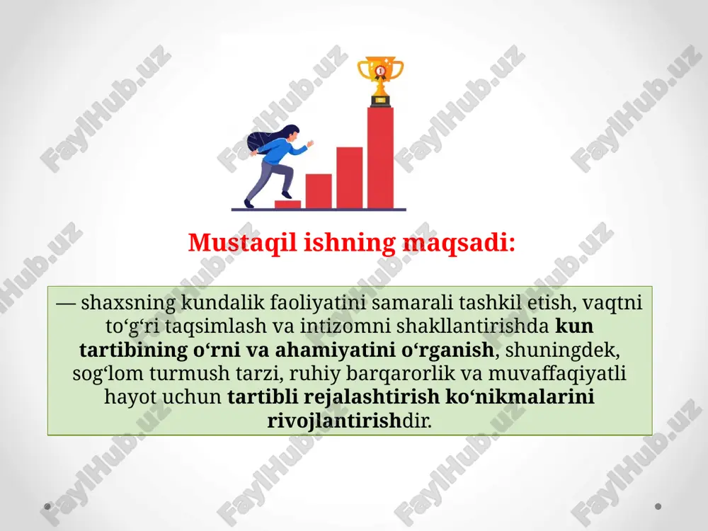 ik kundalik qadamlar orqali bo`ladi kun tartibi tarkibi asosiy qismlari: uxlash va uyg‘onish vaqti nonushta, tushlik, kechki ovqat ish yoki o‘qish vaqti dam olish, sport, o‘qish, ibodat, oilaviy vaqt har bir qismni bo`laklar orqali o`rganib chiqamiz erta uyg‘onishning foydasi 1.aqliy faoliyat kuchayadi-bu asosan gormonlar faoliyatiga bo`gliq.kunning dastlabki ¼ qismi “oldin vaqt” nomi bilan ko`pchilik manbalarda keltiriladi. bu paytda olingan ilmning 70%gacha qismi xotiramizda yaxshi qoladi 2.tongda tinchlik, ilhom va sokinlik bo‘ladi.men hozirda yosh bolali onaman.bu tushunchani judayam yaxshi ushlab olganman. asosiy o`zimga,o`qishimga kerak bo`lgan,ruhiyatim uchun zarur bo`lgan qism sifatida tongni tanlab olganman. kitoblarni tongda o`qiyman,ilmiy mavzudagi maqolalarni ham,ijodiy biror rejalarimni ham tongda hamma uxlab yotganda bajarib olaman. 3.kun davomida ish samaradorligi oshadi. bundagi sirni ta`riflashga so`zlarim kamdek,gaplarim ko`p ammo hech biri to`liq ochib berolmaydi deb qo`rqaman. qisqa qilib tongda uyg`onish vaqtga baraka beradi deyman. rasululloh (s.a.v): “tongdagi baraka” haqida hadislar bor rejalashtirishning ahamiyati 1.har kuni qilinadigan ishlar yozib chiqiladi. bu …