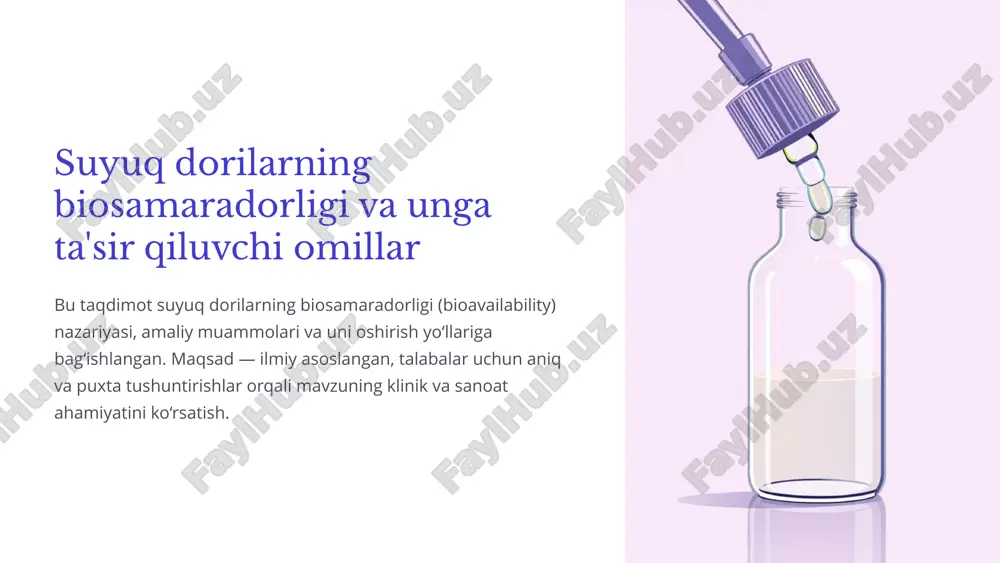 uammolar suyuq dorilarning ishlab chiqarish va foydalanishida bir qator maxsus muammolar mavjud: mikroorganizmlar tomonidan chirish xavfi, qisqa saqlash muddati, va dozaning aniq o‘lchanmasligi. bu omillar biosamaradorlikni bevosita o‘zgartirishi va bemor xavfsizligini tahdid qilishi mumkin. bioburuvchi xavfi konservantlar kerakli, ammo ular ba'zan terapevtik profilga salbiy ta'sir ko‘rsatadi. saqlash va transport noqulay harorat yoki namlik biosamaradorlikni pasaytiradi; sovutish va himoya talab qilinadi. doza aniqligi choy qoshiq kabi noaniq o‘lchov vositalari noto‘g‘ri dozaga olib keladi, bu esa samaradorlik va xavfsizlikni buzadi. 6 misol: diethylene glycol (deg) zaharlanishi voqeasi 2022 yilda indoneziya, gambia va boshqa mamlakatlarda deg aralashuvi sababli bolalar orasida og‘ir zaharlanishlar va o‘lim hollari kuzatildi. deg kasallik va o‘limga sabab bo‘lish bilan birga, dorilarning biosamaradorligini va xavfsizlik profilini keskin buzdi. ushbu voqea farmatsevtika sanoatidagi sifat nazorati va yetkazib berish zanjiri monitoringining naqadar muhim ekanligini namoyish etdi. muhim xulosa: xomashyo va formulatsiya komponentlarining tozaligi — bemor xavfsizligining eng asosiy elementi. 7 o‘zbekistonda suyuq …