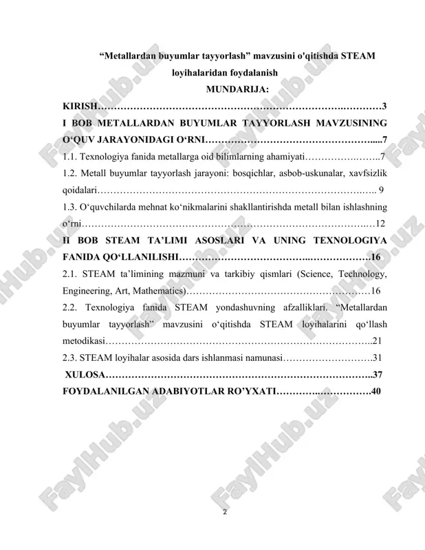 arni tarbiyalaydi. metallar insoniyat tarixida eng qadimiy ishlab chiqarish materiallaridan biri bo‘lib, hozirgi kunda ham barcha sohalarda — sanoat, transport, qurilish, qishloq xo‘jaligi va maishiy xizmatlarda keng qo‘llaniladi. shuning uchun metall bilan ishlashni o‘rgatish texnologiya fanining muhim yo‘nalishlaridan biridir. o‘quvchilar metallarning xossalari (qattiqlik, mustahkamlik, egiluvchanlik, elektr va issiqlik o‘tkazuvchanlik), ularni ishlov berish usullari (qirqish, bukish, parmalash, payvandlash, pishirish) bilan tanishadilar. bu esa ularda texnik tafakkur, mantiqiy tahlil va ijodiy yondashuvni shakllantiradi. mavzuning dolzarbligi. hozirgi globallashuv davrida ta’lim tizimi oldiga qo‘yilgan eng muhim vazifalardan biri — o‘quvchilarda nafaqat nazariy bilimlarni, balki ularni amaliyotda qo‘llay olish, ijodkorlik, texnik tafakkur va innovatsion fikrlash qobiliyatlarini shakllantirishdir. shu ma’noda, dunyo miqyosida keng tarqalayotgan steam ta’lim yondashuvi (science, technology, engineering, art, mathematics) zamonaviy o‘quv jarayonining asosiy tamoyillaridan biriga aylanmoqda. texnologiya fani o‘quvchilarda mehnat ko‘nikmalari, ishlab chiqarish madaniyati va texnik tafakkurni shakllantirishda muhim o‘rin tutadi. ayniqsa, “metallardan buyumlar tayyorlash” mavzusi o‘quvchilarni amaliy faoliyatga, mustaqil fikrlashga va foydali …