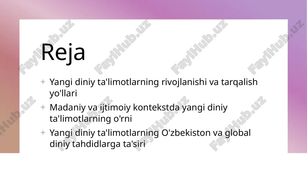 ta'limotlarning rivojlanishiga ta'sir qiluvchi asosiy omillar va tashqi ta'sirlar ijtimoiy ta'sirlar yangi diniy ta'limotlarning rivojlanishiga siyosiy, iqtisodiy va madaniy omillar katta ta'sir ko'rsatadi. globallashuv va texnologik rivojlanish bu jarayonni tezlashtiradi. texnologik ta'sir internet va axborot texnologiyalarining kengayishi yangi diniy ta'limotlarning tarqalishini osonlashtiradi, ularni global va lokal kontekstda shakllantiradi. madaniy o'zgarishlar madaniy muhitdagi o'zgarishlar, yangi fikrlar va qadriyatlarning kirib kelishi diniy ta'limotlarning rivojlanishini va yangi shakllarini yuzaga keltiradi. yangi diniy ta'limotlarning madaniy kontekstda shakllanishi va aks etishi yangi ta'limotlarning madaniy kontekstda shakllanishi yangi diniy ta'limotlar o'zlarining madaniy muhitiga moslashib, mahalliy an'ana va qadriyatlarni inkorporatsiya qilish orqali rivojlanadi. bu jarayon diniy va madaniy identitetning uzviy bog'liqligini ko'rsatadi. madaniy aks etish usullari yangi diniy ta'limotlar san'at, adabiyot va rasm kabi madaniy ifoda vositalari orqali aks etadi. bu usullar jamiyatda ularning qabul qilinishini va ta'sir kuchini oshiradi. tarixiy ta'sirlar tarixiy voqealar, madaniy an'analar va mahalliy dinlar yangi ta'limotlarning shakllanishiga ta'sir qiladi. bu jarayonlar diniy …