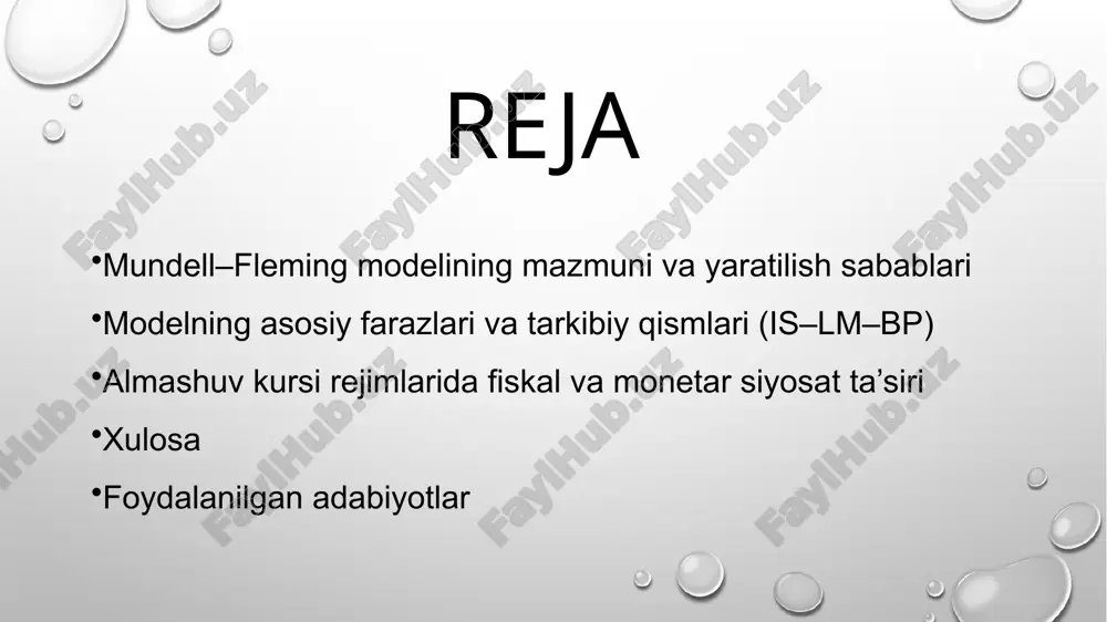 ta'siri cheklanadi. aksincha, erkin almashuv kursida pul–kredit siyosati samaraliroq bo‘lib, pul massasining o‘zgarishi valyuta kursiga va tashqi savdo balansiga ta’sir qilib iqtisodiy faollikni oshiradi, fiskal siyosat esa kuchsizroq bo‘ladi. modelning yaratilishiga sabab bo‘lgan muhim omillardan biri — o‘sha davrda amal qilgan bretton-vuds tizimi bo‘lib, unda ko‘plab davlatlar fiks valyuta kursidan foydalangan. bu sharoitda valyuta barqarorligini saqlash iqtisodiy siyosatda asosiy vazifalardan biri edi. keyinchalik ayrim davlatlar erkin valyuta kursiga o‘ta boshlagach, ushbu model yanada ahamiyatli bo‘lib qoldi. shuningdek, urushdan keyingi davrda kapital harakati kuchayib, xorijiy investitsiyalar ko‘paydi, bu esa foiz stavkalari va valyuta kursi o‘rtasidagi bog‘liqlikni tahlil qilishni muhimlashtirdi. to‘lov balansi muammolari ham model zaruriyatini kuchaytirdi, chunki eksport va import o‘rtasidagi nomutanosibliklar, valyuta zaxiralari va tashqi qarzlar davlatlar uchun muhim masalaga aylandi. mundell–fleming modeli bugungi kunda ham katta ahamiyatga ega, chunki u global moliyaviy integratsiya sharoitida makroiqtisodiy siyosatni to‘g‘ri shakllantirishga yordam beradi. zamonaviy iqtisodiy tizimda valyuta bozoridagi o‘zgarishlar, kapital oqimlari va …