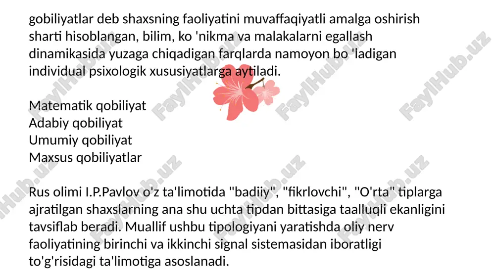 ini ishlaydi, o'qish paytida so'zlardan emas, balki illustratsiyadan ko'proq axborot oladi. intellektning bu turi ko'z bilan ko'rish tasavvuri, o'zlashtirishi his-tuyg'usi bilan bog'liq bo'lgan va predmetlarni ko'rish orqali eslab qolish qobiliyati ichki aqliy obrazlarni yaratish qobiliyatini o'z ichiga oladi. iv. motor-harakatli intellekt turi yuqori sport natijalarini ko'rsatadi; imo-ishoralarni, mimikasini, boshqalarning qiliqlarini yaxshi o'xshatadi; narsalarni gismlarga bo 'lishni va qaytadan yig'ishni yoqtiradi; ko'rgan narsalarning hammasini qo'li bilan tegib ko'radi; yugurishni, sakrashni, kurashga tushishni yaxshi ko'radi, hunarlarga qobiliyati borligini namoyish qiladi. v. musiqaviy-ritmik intellektning bu turi musiqaga obrazlarni, atrofimizdagi tovushlarni o'z ichiga olgan holda, bilishga va ritmni sezishga asoslangan. bu tur ko'proq kompozitorlarda, musiqachilarda, ashulachilar va o'yinchilarda rivojlangan. vi. shaxslararo intellekt tengdoshlari bilan aloqada bo'lishni yaxshi ko'radi, vaziyatlarda rahbar bo'lib qoladi, boshqa bolalar bilan o'ynashni va ularga o'rgatishni yoqtiradi, birga qayg'ura oladi, boshqa bolalar uning davrasiga intilishadi. vii. o'z-o ziga yo nalgan intellekt sohibi mustaqillik - iroda kuchi tuyg'usini namoyish qiladi, o'zining ijobiy …