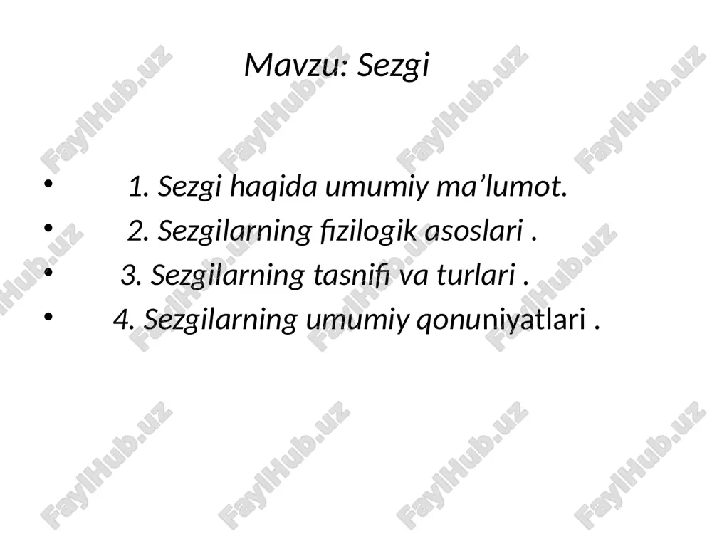 tevarak - atrofdagi taqi olamning va organizm o`z ichki holatining adekvat “mos” aks ettirishi hosil bo`ladi. sezgi a`zolari taqi olamning inson ongiga olib kiradigan birdan bir yo`llaridan iboratdir. agar odam sezgi a`zolaridan mahrum bo`lib qolsa, u paytda u atrofda nima bo`layotganini bila olmas, ovqatlanish uchun o`ziga ozuqa topa olmas edi. mashhur rus vrachi s.p.botkin yolgiz bitta ko`zi va qo`lining uncha katta bo`lmagan qismida tuyish sezgisidan tashqari hamma sezgilardan mahrum bo`lgan kasal haqidagi noyob bir hodisani tasvirlab bergan, bemor ko`zlarini yumgan paytda uning qo`liga hech kim tegmasa, u uxlab qolgan. sezgilar haqidagi ta`limotga ko`ra, narsalar va ularning xususiyatlari birlamchi bo`lib, sezgilar esa materiyaning sezgi a`zolariga ta`siri natijasidir. sezgilar olam qanday mavjud bo`lsa, o`shandayligicha aks ettiradi. sezgilar haqiqiyligining mezoni amaliyot, sub`ektning faoliyatidir. sezgilar bilishning asosiy manbaidir. 2. sezgilarning fiziologik asoslari. sezgilarning hosil bo`lishi uchun faqat tashqi qo`zg`atuvchining ta`siri emas, balki organizmning o`zi ham faoliyatda bo`lishi kerak. sezgi retseptorga ta`sir qilib turgan qo`zg`atuvchining …