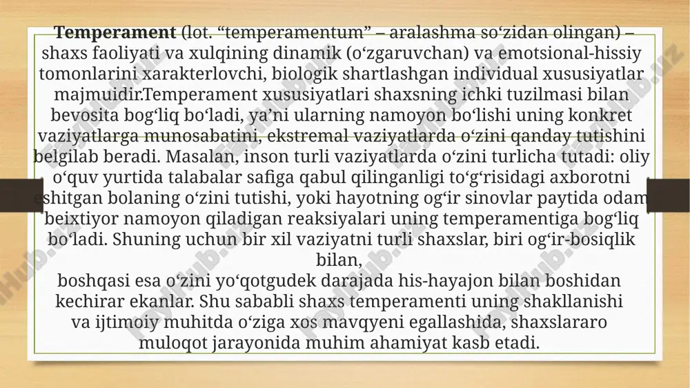 sovuqlikdir, uning vazifasi badanni sovutib turishdan iboratdir. xolerik – sust senzitivlik xususiyatiga ega bo‘lib, juda faol va reaktivdir. ko‘pincha reaktivligi faollikdan ustun kelib, u betoqatlik, serzardalik va giperaktivlikni namoyon qiladi. sangvinikka qaraganda qo‘zg‘aluvchan, lekin ko‘proq rigid, qiziqishlari, intilishlari barqaror, xatti-harakatlarda qat’iylik mavjud bo‘lsada, biroq diqqatni bir joyga to‘plashda qiynaladi, nutq sur’ati tez va h.k. sangvinik – juda faol, qiziquvchan bo‘lib, atrofdagi narsalar, insonlar diqqatini tez jalb etadi. u imo-ishoralarni ko‘p ishlatib, uning chehrasiga qarab kayfiyatini anglab olish qiyin emas. juda sezgir bo‘lishiga qaramay, kuchsiz ta’sir(qo‘zg‘atuvchilar)ni seza olmaydi, serg‘ayrat, ishchan toliqmasdir. faollik bilan reaktivlik munosabati muvozanatli bo‘ladi, imtizomli, o‘zini tiya biladi va boshqara oladi. uning xatti-harakati jo‘shqin, nutq sur’ati tez, yangilikni tez payqaydi, aql idroki teran, topqir, qiziqishlari, kayfiyati, intilishlari o‘zgaruvchandir. ko‘nikma va malakalarni tez egallaydi, ko‘ngli ochiq, dilkash, muloqotga tez kirishadi, uning xayoloti (fantaziyasi) yuksak darajada rivojlangan, tashqi ta’sirlarga hozirjavob bo‘ladi flegmatik – senzitivligi sust, his-tuyg‘usi (emotsiyasi) kam o‘zgaruvchan, shunga …