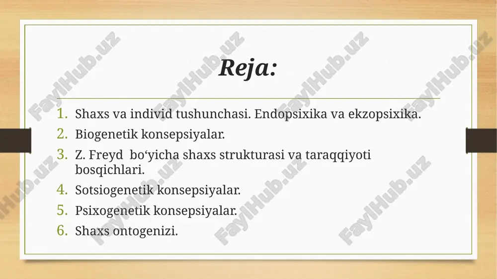sabatlar (boshqa insonlar bilan munosabatlar, odob-axloq qoidalari)faoliyat va harakatlar (insonning tashqi dunyo bilan munosabati, ish va ijodiy faoliyatlari)tashqi ifodalar (mimikalar, imo-ishoralar, hissiyotlarning tashqi ko‘rinishi) biogenetik konsepsiya jahon psixologiyasi fanida shaxsning kamoloti, uning rivojlanishi to'g risida xilma-xil nazariyalar yaratilgan bo 'lib, tadgiqotchilar inson shaxsini oʻrganishda turlicha pozitsiyada turadilar va muammo mohiyatini yoritishda o'ziga xos yondashishga egadirlar. mazkur nazariyalar qatoriga biogenetik, sotsiogenetik, psixogenetik, kognitivistik, psixoanalistik, bixevioristik kabilarni kiritish mumkin. quyida sanab o'tilgan nazariyalar va ularning ayrim namoyandalari tomonidan shaxsni rivojlantirishning prinsiplari to'g'risidagi qarashlariga bor.biogenetik nazariyaning negizida insonning biologik yetilishi bosh omil sifatida gabul qilingan bo lib, golgan jarayonlarning taraqgiyoti ixtiyoriy xususiyat kasb etib, ular bilan o'zaro shunchaki aloqa tan olinadi, xolos. mazkur nazariyaga binoan, taraqqiyotning bosh maqsadi - biologik determinantlariga (aniqlovchilariga) qaratiladi va ularning mohiyatidan sotsial-psixologik xususiyatlar keltirilib chiqariladi. taraqqiyot jarayonining o'zi, dastavval biologik yetilishning universal bosqichi sifatida sharhlanadi va talqin qilinadi. nemis psixologi v.shternning fikricha, chaqaloq (yangi tug’ilgan bola) hali u …