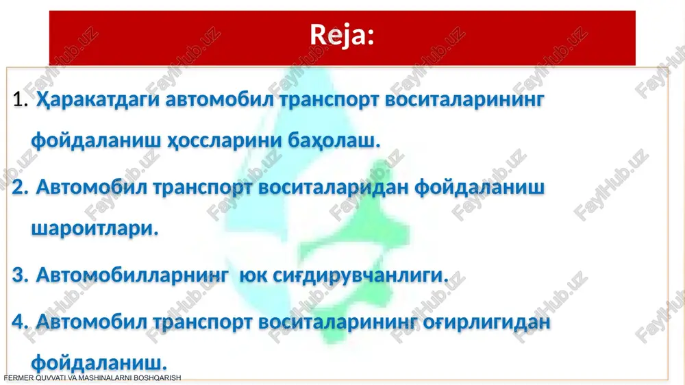 4 - havo transporti, ming tonna 1,8 43,4 - quvur transporti 18,7 109,6 2. transport yuk aylanmasi, mln. t-km 16 746,6 103,6 - temir yo'l transporti 5 390,3 97,8 - avtomobil transporti 2 782,8 104,1 - havo transporti, ming tonna 22,3 79,5 - quvur transporti 8 551,2 107,5 6 transport vositasining tashish masofasiga nisbatan ish unumi va yuk aylanmasining o'zgarishi umumiy foydalaniladigan yo'llarda avtomobillar va traktorlar tarmoq standarti (ost) va davlat standarti (gost)ning qator talablariga javob berishlari kerak. bularga gabarit o'lchamlari, o'qining yuklanishi va massasiga qo'yiladigan talablar kiradi. belgilangan talablarga ko'ra barcha transport vositalari o'qiga tushadigan yuklanish bo'yich a va b guruxlarga bo'linadi. a guruxga o'qiga tushadigan yuklanish 6 tonnadan 10 tonnagacha bo'lgan avtomobil vositalari tegishli bo'lib 1-4 toifadagi yo'llarda yurishga ruxsat etiladi. b guruxga o'qiga tushadigan eng katta yuklanish 6 tonagacha bo'lgan avtmobil vositalari tegishli bo'lib, ular barcha toifalardagi yo'llarda yurishga ruxsat etiladi. 8 samosval man tgs 33.360 6×4 …