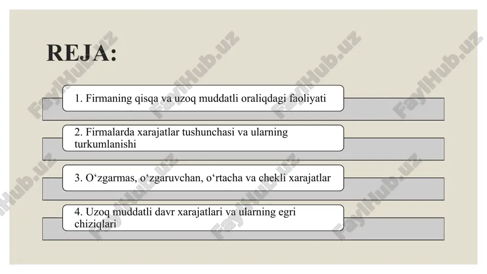 ikchilikda yer haydash traktorlarining amortizatsiyasi), ularga ketgan xarajatlarni shu mahsulotlarni ishlab chiqarishdagi ishtirokiga mutanosib taqsimlashga to‘g‘ri keladi. bunday xarajatlar bilvosita ishlab chiqarish xarajatlari deb yuritiladi. qaytarilmaydigan xarajatlar. qaytarilmaydigan xarajatlar oldin qilingan xarajatlar bo‘lib, ularni qaytadan tiklash mumkin emas. bu xarajatlar qaytarilmasligi uchun ham firmaning qaror qabul qilishiga ta’sir qilmaydi. masalan, firma 100 mln.so‘mga maxsus uskuna sotib oldi, lekin bu uskuna umuman kerak bo‘lmay qoldi. undan alternativ foydalanish varianti mavjud emas. firma ushbu uskunani 60 mln. so‘mga sotib, 40 mln. so‘m zarar ko‘rdi. bunda 40 mln. so‘m qaytarilmaydigan xarajat hisoblanadi va firmaning harakatiga ta`sir qilmaydi. 2. firmalarda xarajatlar tushunchasi va ularning turkumlanishi 3. o‘zgarmas, o‘zgaruvchan, o‘rtacha va chekli xarajatlar 1. xarajatlari egri chiziqlari ishlab chiqarishning har qanday berilgan hajmida xarajatlarning minimal qiymatlarini ifodalaydi. 3. o`rtacha xarajatlar egri chiziqlari o‘rtacha mahsulotlar egri chiziqlarining aks ta′sirini ko`rsatadi. 2. o`rtacha xarajatlar egri chiziqlarining qabariqligi ishlab chiqarish omillari unumdorligining kamayib borishi qonuni harakatini aks ettiradi. …