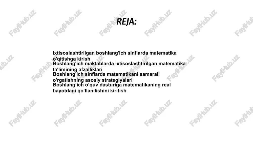 tishga yordam beradi. boshlang'ich sinflarda matematikani samarali o'rgatishning asosiy strategiyalari matematikaga ixtisoslashgan boshlang'ich sinflarda matematikani o'qitish yosh o'quvchilarni samarali jalb qilish uchun strategik yondashuvni talab qiladi. asosiy strategiyalar matematik tushunchalarni bir-biriga yaqinroq va tushunarli qilish uchun amaliy mashg'ulotlar, ko'rgazmali qurollar va hayotiy misollarni o'z ichiga oladi. ijobiy ta'lim muhitini yaratish va shaxsiy yordam ko'rsatish orqali o'qituvchilar o'quvchilarga matematikada mustahkam poydevor yaratishga yordam berishlari mumkin. salavha matematikaga ixtisoslashgan boshlang‘ich sinflarda matematikani o‘rgatish o‘quvchilarni matematik tushunchalarni hayotda qo‘llashga jalb qilishni o‘z ichiga oladi. 1 o‘quv dasturiga hayotiy misollarni kiritish orqali o‘quvchilar matematikaning kundalik hayotidagi ahamiyatini yaxshiroq tushunishlari mumkin. 3 ushbu yondashuv nafaqat o'rganishni yanada qiziqarli va amaliy qiladi, balki o'quvchilarda tanqidiy fikrlash va muammolarni hal qilish ko'nikmalarini rivojlantirishga yordam beradi. 2 boshlang'ich sinf o'quvchilarining matematika malakasini baholashning baholash usullari a boshlang'ich sinf o'quvchilarining matematik bilimlarini baholash har tomonlama yondashuvni talab qiladi. viktorinalar, testlar va muammoni hal qilish vazifalari kabi usullar tushunish va …