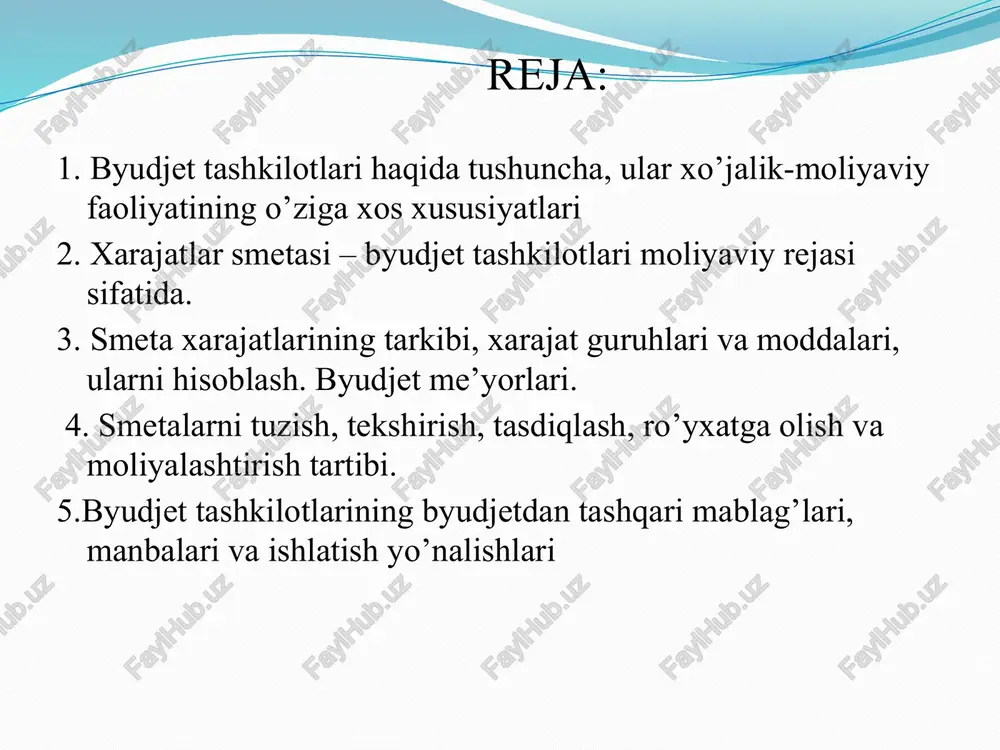 ari yakka (individual) smetalar jamlanma smetalar markazlashgan tadbirlar uchun smetalar byudjetdan tashqari mablag’lar bo’yicha smetalar yakka smetalar yuridik shaxs maqomiga ega bo’lgan alohida olingan muassasa bo’yicha tuziladi. masalan, muayyan hududda (tuman yoki shaharda) joylashgan yuridik shaxs maqomida faoliyat qiluvchi davlat sog’liqni saqlash muassasasi (kasalxona, qishloq vrachlik punkti, ixtisoslashgan dispanser va sh.k.) mustaqil ravishda byudjetdan to’lanishi ko’zda tutilgan o’z xarajatlarini yakka smeta asosida rejalashtiradi. jamlanma smetalar yuridik shaxs maqomiga ega bo’lmagan va tegishli davlat boshqaruv organlari huzuridagi markazlashtirilgan buxgalteriyalar va tegishli hokimiyatlarning buxgalteriyalari tomonidan xizmat ko’rsatilayotgan tashkilotlar bo’yicha tuziladi(masalan, tuman madaniyat bo’limiga qarashli markaziy kutubxonalar tizimi bo’yicha). byudjetdan tashqari mablag’lar bo’yicha smeta – tashkilotlar tomonidan joriy moliya yili uchun tuziladigan va tasdiqlanadigan hujjat bo’lib, unda tashkil bo’lish manbalari va ushbu mablag’larning qonunchilikka muvofiq foydalanish yo’nalishlari ko’rsatilgan holda byudjetdan tashqari daromadlar tushumlarining prognoz hajmlari aks ettiriladi. masalan, oliy va o’rta maxsus, kasb-hunar ta‘limi muassasalarida talabalarni o’qitishning to’lov-kontrakt shaklidan tushgan mablag’lar va ularni …