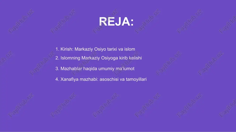 bul qilgan. xanafiya mazhabining asoschisi abu hanifa bo‘lib, u viii asrda yashab o‘tgan. u fiqh ilmi asoschisi sifatida tan olingan. uning yondashuvi fikriy mustaqillik va mantiqiy izchillikka asoslangan. mazhabning asosiy tamoyillari qur’on va sunnatga, ijtihod va qiyosga tayanadi. bu yondashuv zamonaviy masalalarga javob topishda yordam beradi. shuningdek, u huquqiy tizimlarga ham asos bo‘lgan. xanafiya mazhabi: asoschisi va tamoyillari 01 imom a’zam abu hanifa islom fiqhining buyuk allomasi bo‘lib, u hanafiylik mezonlarini yaratib, markaziy osiyoda keng tarqalishiga asos soldi. 02 uning hayoti bilimga chanqoqlik, adolatparvarlik va ixlos bilan o‘tgan bo‘lib, ko‘plab shogirdlar tarbiyalagan, ilmi butun islom olamiga yoyilgan. 03 abu hanifaning merosi musulmonlar huquqi va aqidasida muhim o‘rin tutadi, u yaratgan fikriy asoslar hali hanuz muhim ahamiyatga ega. imom a’zam abu hanifa – hayoti va merosi viii asrda islom dini markaziy osiyoga kirib kelganida, musulmon olimlari hanafiy mazhabini targʻib qilishga katta hissa qoʻshgan edilar. bu mazhab keng yoyildi. hanafiy mazhabi aqidasi …