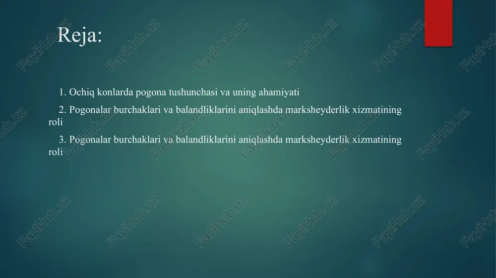 etma-ket joylashib, ochiq kon shaklini hosil qiladi. pogonalarni to‘g‘ri tashkil etish quyidagi jihatlarda muhim: kon bortlarining qulashini oldini olish; texnikaning xavfsiz harakatini ta’minlash; kon maydonidan oqilona foydalanish; ishlab chiqarish tannarxini kamaytirish. agar pogonalar juda tik bo‘lsa, jinslar qulash xavfi ortadi. aksincha, pogonalar juda yotiq bo‘lsa, ko‘p miqdorda ortiqcha tuproq qazilishi kerak bo‘ladi, bu esa iqtisodiy jihatdan foydasizdir. shuning uchun har bir kon uchun pogonalar burchagi va balandligi loyihaviy me’yorlarga muvofiq tanlanadi. pogonalar konning geologik sharoitiga, qazilma turiga, jinslarning mustahkamligiga, suv sharoitiga va foydalaniladigan texnik vositalarga qarab belgilanadi. shu sababli pogonalarni loyihalashda geologik ma’lumotlar bilan bir qatorda marksheyderlik o‘lchovlari ham muhim ahamiyatga ega. pogonalar burchaklari va balandliklarini aniqlashda marksheyderlik xizmatining roli marksheyderlik xizmati pogonalarni o‘lchash, nazorat qilish va hujjatlashtirish ishlarini olib boradi. bu xizmatning asosiy vazifasi – konning barcha geometrik elementlarini aniq aniqlash va ularni loyihaviy ko‘rsatkichlar bilan solishtirishdir. pogonalar burchaklari va balandliklarini aniqlashda marksheyderlik xizmati quyidagi ishlarni bajaradi: kon maydonida …
