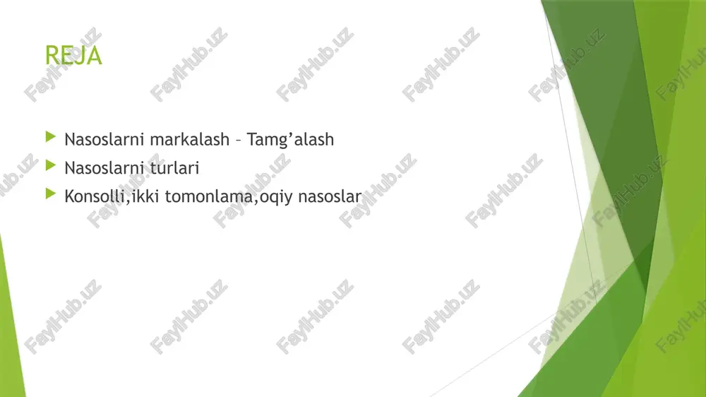 qochma nasoslar suyuqlik uzatishi q=30…3500 l/s, bosimi h=12…137 m chegaralarda ishlab chiqariladi. d turdagi nasoslar tuzilishi mukammal va eng ko’p tarqalgan bir pog’onali nasoslar turiga kiradi. o’qiy nasoslar suyuqlik oqimi ishchi g’ildiragi o’qi bo’yicha harakatlanadigan nasoslar o’qiy nasoslar deb nomlangan. o’qiy nasoslar gorizontal, vertikal va qiya valli, bir va ko’p g’ildirakli tuzilishda ishlab chiqariladi. respublikamiz va hamdustlik davlatlari halk ho’jaligida, shuningdek suv xo’jalik tizimlarida asosan bir g’ildirakli o’qiy nasoslar keng qo’llaniladi. bir g’ildirakli o’qiy nasoslarni suv uzatishi q = 0,072…54 m3/ s 45 va bosimi n = 2,5 … 28 m chegaralarda bo’lib, tuzilishi bo’yicha ikki xil turda tayyorlanadi: -o turdagi nasoslar: ishchi g’ildiragi diametri d≤700 mm, kuraklari payvandlangan va ish bo’linmasi silindr shaklida (o - «osevoy» ruscha so’zning birinchi harfi); -op turdagi nasoslar: ishchi g’ildiragi diametri d  870 mm, kuraklari buriluvchan va ish bo’linmasi sfera shaklida (op-«osevoy, povorotno-lopastnoy»). o’qiy nasosning tuzilishi e’tiboringiz uchun raxmat!!! image1.png image2.png image3.png image4.png …
