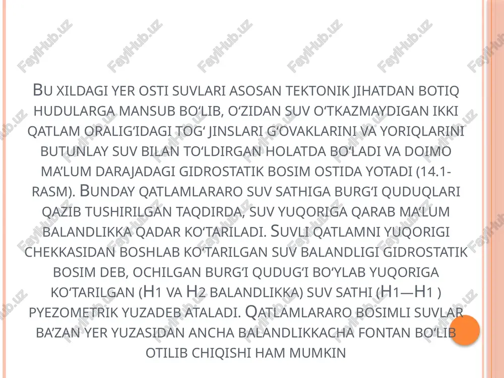 holatiga o‘tadi. botiq geologik strukturalardagi bosimli suv tarqalgan oblast artezian suvi havzasi deb ataladi. . havzaning artezian suv oqimi vujudga kelgan qismi uning oziqlanish oblasti deyilib, yer yuzasiga tabiiy oqib chiqish oblasti esa artezian suvining tabiiy sarflanish oblasti deyiladi artezian suvlar tabiiy holatda, qatlamlararo bosimsiz suvlarga nisbatan ko‘p yillik, yillik suv rejimini doimiyligi bilan ajralib ham turadi. artezian suv rejimiga asosan odamlarning xo‘jalik faoliyatlari katta ta’sir ko‘rsatadi. chunki yer ostidan har yili katta miqdordagi suv chiqarib olinib, ichish, davolash, kimyoviy moddalarni (yod, brom va boshqa har xil tuzlarni) ajratib olish, qishloq xo‘jaligi ekinlarini sug‘orish va boshqa maqsadlar uchun ishlatiladi. natijada artezian suvining tabiiy sathi pasayishi, zaxirasi kamayishi holatlari sodir bo‘ladi. jumladan, moskva artezian havzasida artezian suvining tabiiy sathi 40—90 m ga sankt-peterburg 50 m ga, kiyevda 63 m ga, londonda 100 m ga, parijda 120 m dan ortiq chuqurlikka pasaygan (sedenko, 1979). bunday holat mamlakatimizning toshkent, farg‘ona va boshqa artezian …