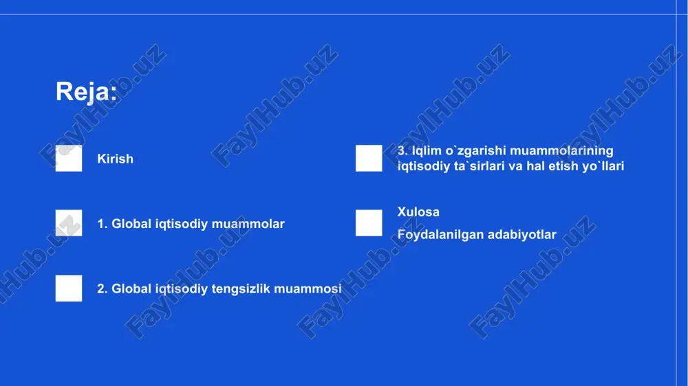 i bilan bog‘liq bo‘lgan, uzoq muddatli harorat, yog‘inlar, shamol yo‘nalishlari va boshqa iqlim tizimining o‘zgarishlarini anglatadi. ushbu muammolar jamiyatga qanday ta’sir ko‘rsatishi va ularni hal etish zarurligi sababli dolzarbligi oshib bormoqda. har yili millionlab insonlar hayotini o‘zgartiradigan iqtisodiy tengsizlik, kamsitish va iqlim o‘zgarishi kabi masalalar, tinchlik va barqaror rivojlanish uchun asosiy to‘siqlarni keltirib chiqaradi. masalan, qashshoqlikni kamaytirish sog‘liq va ta’lim sohalarida yaxshilanishlar olib kelishi mumkin, bu esa kuchli iqtisodiyotlarni yaratadi. shuningdek, iqlim o‘zgarishi bilan kurashish ekosistemalarni himoya qilish va kelajak avlodlar hayotini ta’minlash uchun muhimdir. hozirgi tadqiqotlar global iqtisodiy muammolarni hal etish zaruratini ta’kidlamoqda. masalan, jahon banki covid-19 pandemiyasi ta’siri bilan qashshoqlik darajasining oshishi haqida xabar bermoqda, bu esa millionlab insonlarni ekstremal qashshoqlikka qaytarishi mumkin. shuningdek, tadqiqotchilar iqlim o‘zgarishining iqtisodiy barqarorlikka ta’sirini o‘rganishmoqda, natijalar esa ekologik muammolar iqtisodiy yo‘qotishlarga olib kelishi mumkinligini ko‘rsatmoqda. imf, jahon banki va turli universitetlar kabi yetakchi tashkilotlar ushbu muammolarni o‘rganish va yechimlar taklif qilishda faol …