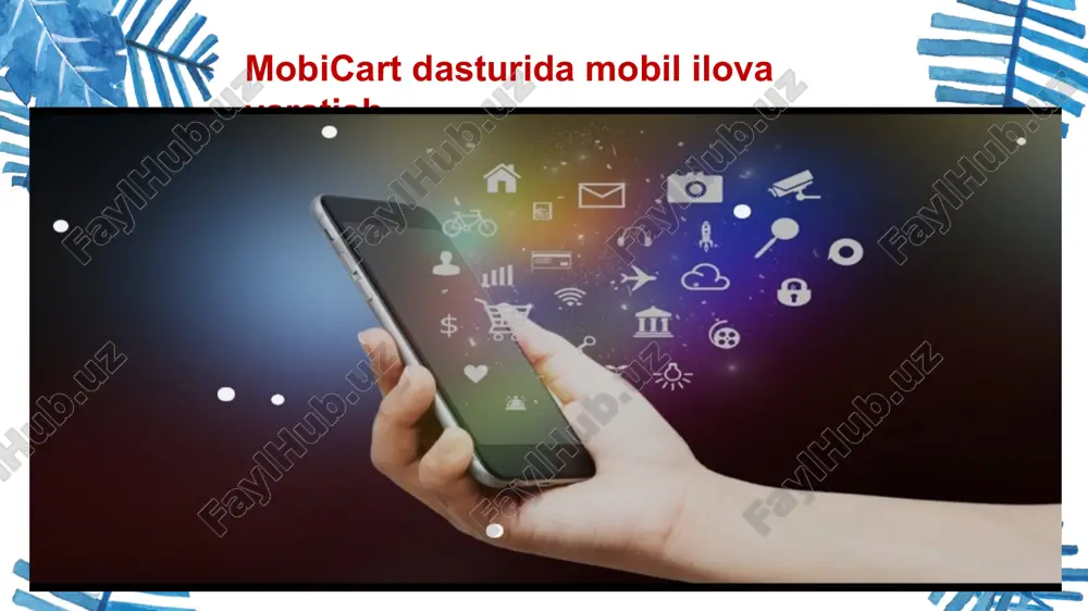 ratsiyalar savdo tizimlari va to lov portallari bilan avtomatik ʻ integratsiya 3.analitik va marketing vositalari ilova faoliyatini kuzatish va marketing kompaniyalarini olib borish mobicart orqali tayyor ilovani play store va appp storega joylashtirish mumkin foydalanuvchilar uchun texnik yordam va qo llab quvvatlash,doimiy yangilanishlar va ʻ yangi hususiyatlar keyword keyword keyword hulosa mobicart mobil ilova yaratish uchun qulay platforma bo lib,foydalanuvchilarga iyphone,android va veb ilovalar ʻ yaratishga imkon beradi.bu dastur do kon interfeysi ʻ sozlash,mahsulot va buyurtmalarni boshqarish,to lov ʻ tizimlarini ulash,ko p tilli va ko p valyutali qo llab-ʻ ʻ ʻ quvvatlash kabi funksiyalarni taqdim etadi.narxlari bepul rejalardan boshlanib,pullik variantlarda ko proq mahsulot ʻ va manba kodiga kirish imkonini beradi. https://create.kahoot.it/ share/mobicart-dasturida- mobil-ilovalar-yaratish- mavzusida-test-savollari/ 28fe014a-796e-4928-8feb- 981193c1189c etiboringiz uchun tashakkur slide 1 slide 2 slide 3 slide 4 slide 5 slide 6 slide 7 slide 8 slide 9 slide 10 slide 11 slide 12
