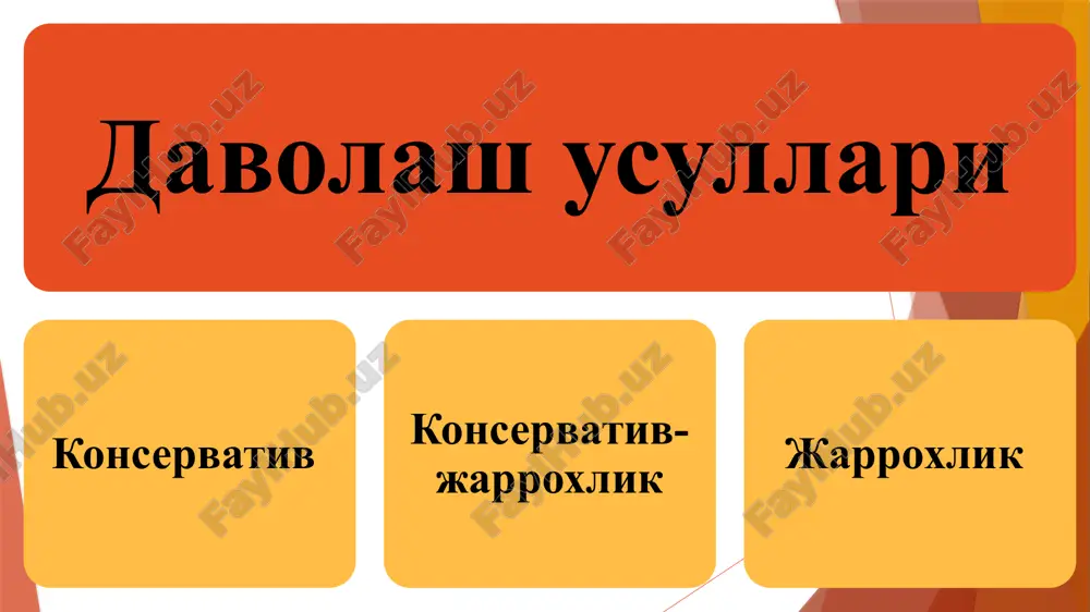 jratuvchi taglik va doimiy plomba qo'yish bemorni dispanser nazoratiga qo'yish. 6, 9, 12 oyda r-tasvirda tekshirish kanalga mexanik ishlov berishni yuqori samarasi uchun: ish joyini sifatli endodontik asboblar bilan ta'minlash; asbob cho'qqisidagi deformatsiyalar borligini doimiy nazorat qilish; endoasboblar bilash ishlash qoidalariga to'liq rioya qilish; nekrotik to'qima va dentin qirindilardan asbobni xar kanalga kirgandan keyin antiseptik eritmada (3% n2o2, 2% xloramin eritmasi, 0,2% xlorgeksidin eritmasi va b.) chayish; endoasbob bilan nekrotik massani kanaldan periapikal to'qimaga chiqarmagan xolda ishlash; ildiz kanalini boshlang'ich xajmiga nisbatan 2-3 xajmgacha kengaytirish. asosiy standart irrigatsion eritmalar rastvor gipoxlorita natriya (naoci) 3–5 %; rastvor xlorgeksidina (solution chlorhexidini bigluconatis) 2 %; rastvor edta 17 %. ildiz kanaliga medikamentoz ishlov berish usullari: ildiz ignasiga paxta turundani o'rab ishlov berish; qog'oz shtiftlar yordamida antiseptikka shimdirib ishlov berish; shprits va maxsus endodontik igna bilan kanalga ishlov berish; ultratovush yordamida ishlov berish; proteolitik fermentlar guruxi tripsin va xemotrripsin, foydalanishdan oldin to'gridan-to'gri tayyorlanadi – …