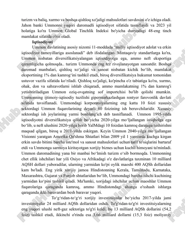 a taxminan 5,28 million kishini tashkil etadi, bu 2023-yilga nisbatan aholi soni 4,60% ga oshgan. aholi soni boʻyicha 123-oʻrinda turadi. sohil janubi-sharqda arab dengiziga, shimoli-sharqda ummon ko'rfaziga qaragan. madha va musandam eksklavlari quruqlik chegaralarida birlashgan arab amirliklari bilan o'ralgan, hormuz bo'g'ozi (u eron bilan bo'lishadi) va ummon ko'rfazi musandamning qirg'oq chegaralarini tashkil qiladi. ilgari dengiz imperiyasi bo'lgan ummon arab dunyosidagi eng qadimgi doimiy mustaqil davlatdir. birlashgan millatlar tashkiloti, arab ligasi, fors koʻrfazi hamkorlik kengashi, qoʻshilmaslik harakati va islom hamkorlik tashkiloti aʼzosi. u neft zaxiralari bo'yicha dunyo miqyosida 22-o'rinda turadi. iqtisodiyotining bir qismi turizm va baliq, xurmo va boshqa qishloq xo'jaligi mahsulotlari savdosini o'z ichiga oladi. jahon banki ummonni yuqori daromadli iqtisodiyot sifatida tasniflaydi va 2023 yil holatiga ko'ra ummon global tinchlik indeksi bo'yicha dunyodagi 48-eng tinch mamlakat sifatida o'rin oladi. iqtisodiyoti ummon davlatining asosiy nizomi 11-moddada “milliy iqtisodiyot adolat va erkin iqtisodiyot tamoyillariga asoslanadi” deb ifodalangan. mintaqaviy standartlarga ko'ra, ummon …